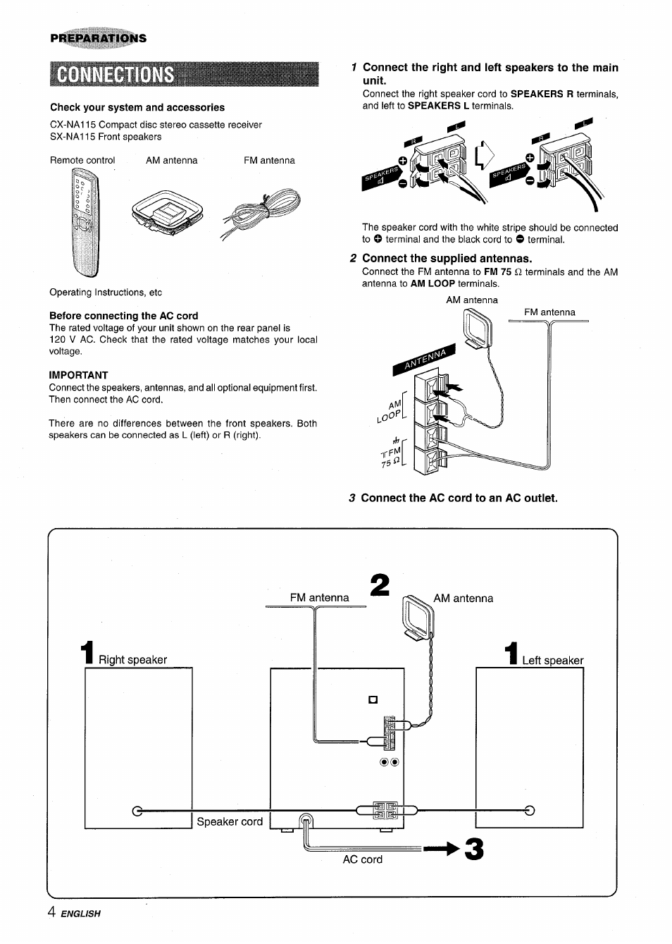 Preparations, Check your system and accessories, Before connecting the ac cord | Important, 2 connect the supplied antennas, 3 connect the ac cord to an ac outlet | Aiwa NSX-A115 User Manual | Page 4 / 56