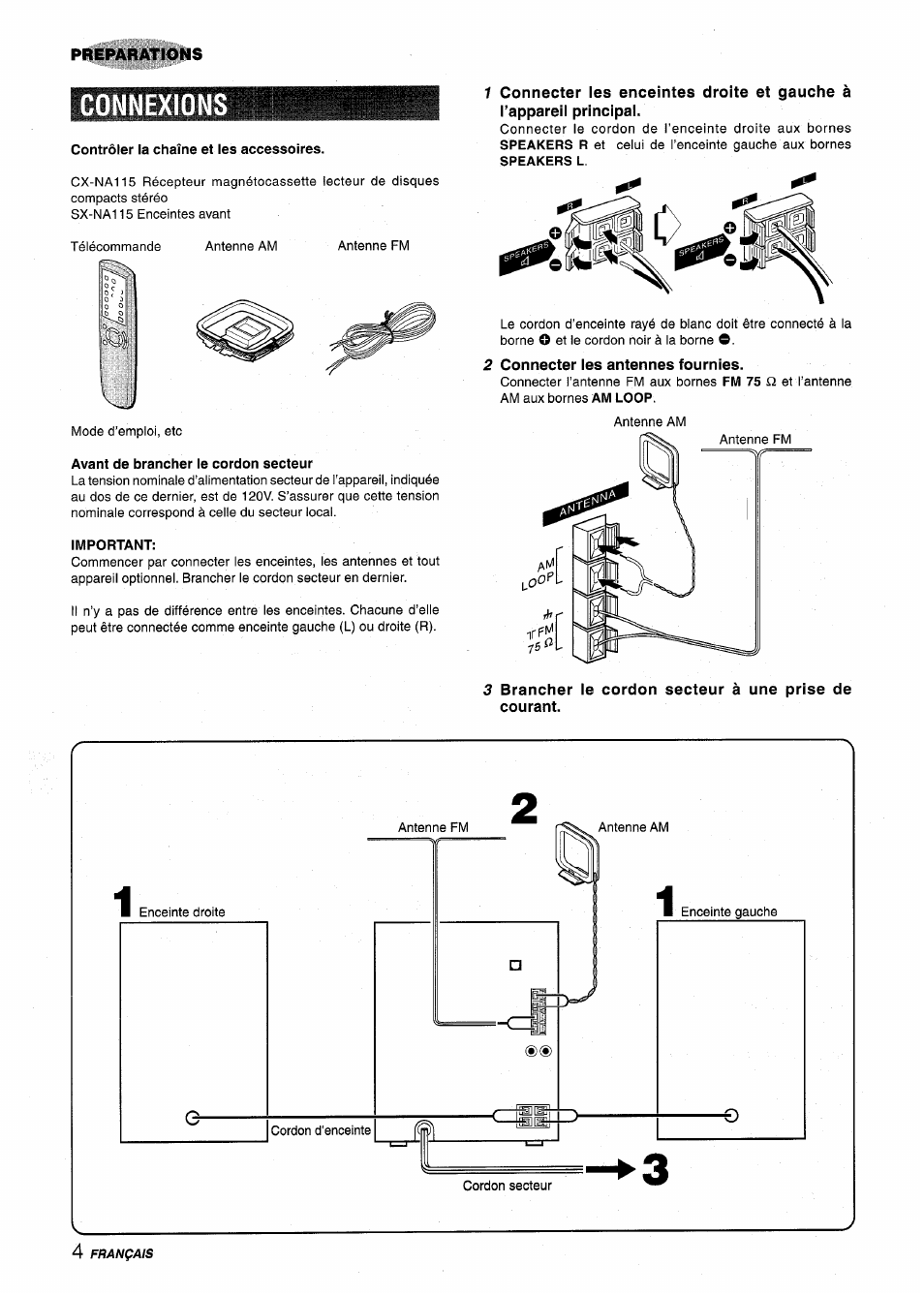 Preparations, Connexions, Contrôler la chaîne et les accessoires | Avant de brancher le cordon secteur, Important, 2 connecter les antennes fournies, Connections | Aiwa NSX-A115 User Manual | Page 40 / 56