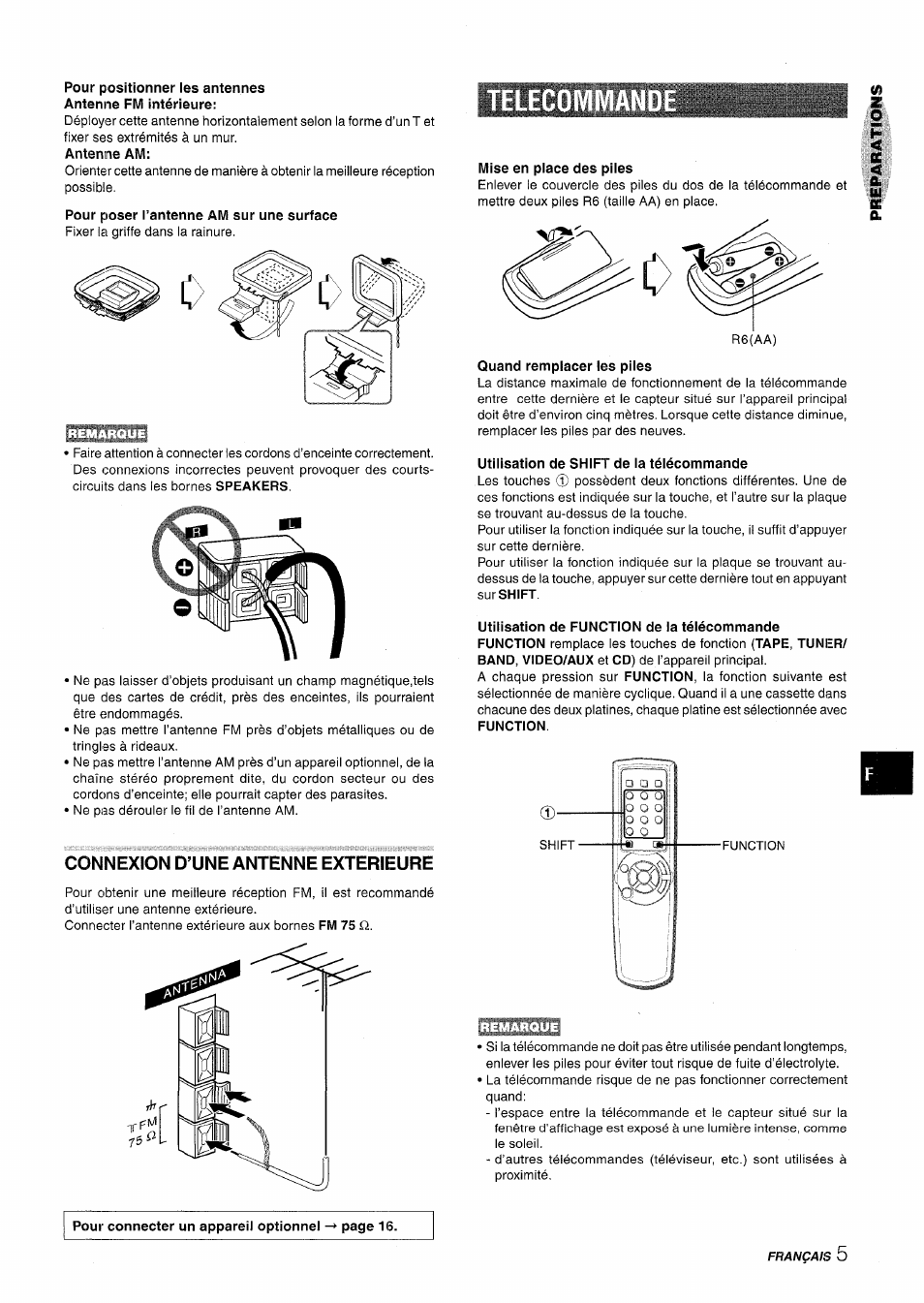 Antenne am, Pour poser l’antenne am sur une surface, Telecom | Connexion d’une antenne exterieure, Mise en place des piles, Quand remplacer les piles, Utilisation de shift de la télécommande | Aiwa NSX-A115 User Manual | Page 41 / 56