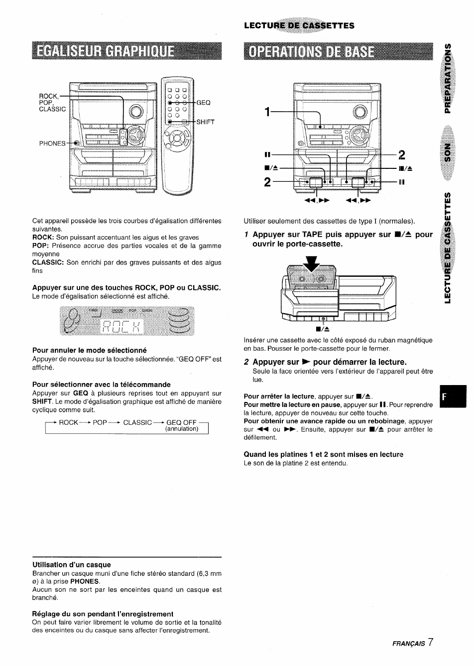 Appuyer sur une des touches rock, pop ou classic, Pour annuler le mode sélectionné, Pour sélectionner avec la télécommande | 2 appuyer sur ^ pour démarrer la lecture, Utilisation d’un casque, Quand les platines 1 et 2 sont mises en lecture, Réglage du son pendant l’enregistrement | Aiwa NSX-A115 User Manual | Page 43 / 56