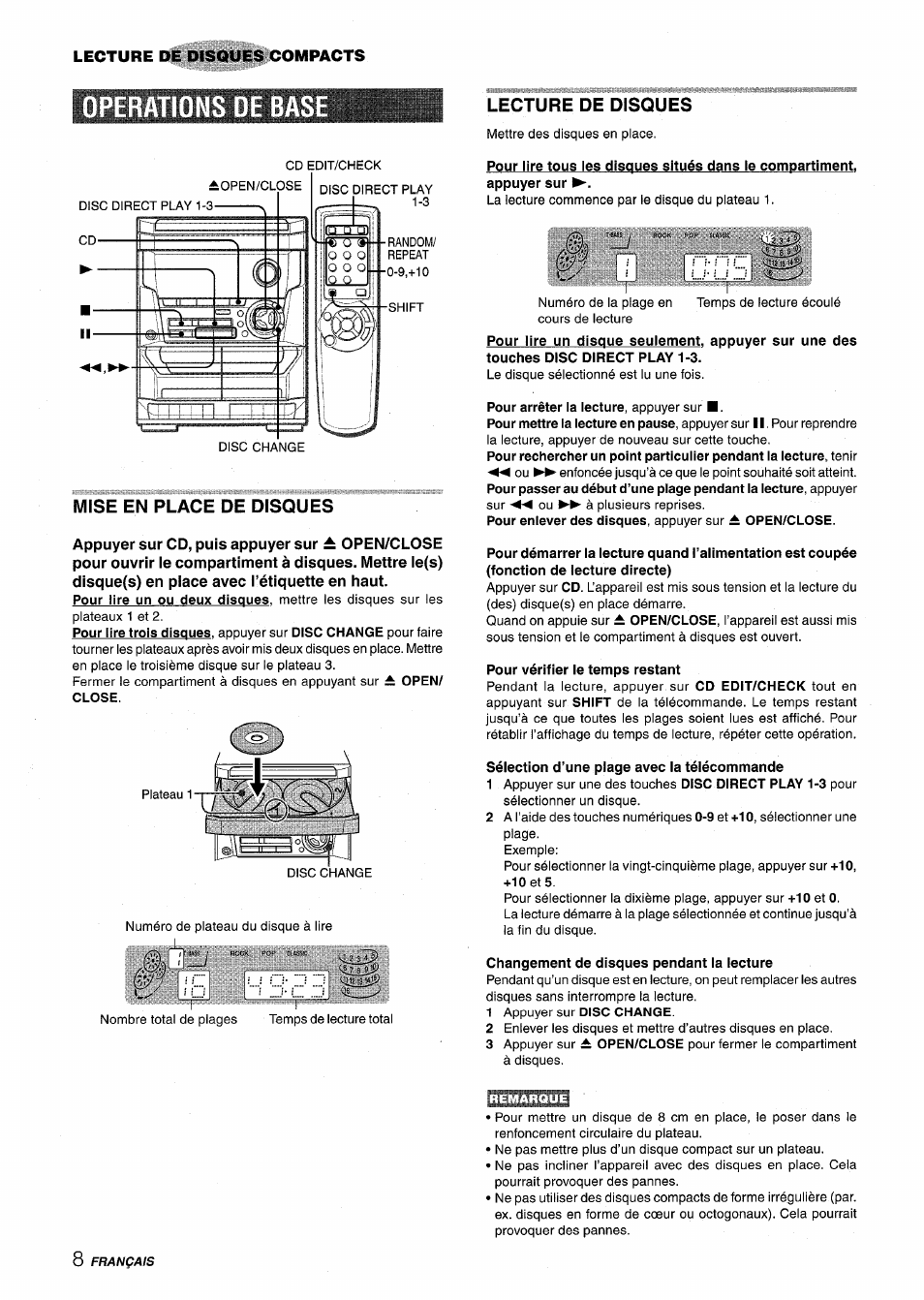 Operations oe base, Mise en place de disques, Lecture de disques | Pour vérifier le temps restant, Sélection d’une plage avec la télécommande, Changement de disques pendant la lecture, Operations de base | Aiwa NSX-A115 User Manual | Page 44 / 56