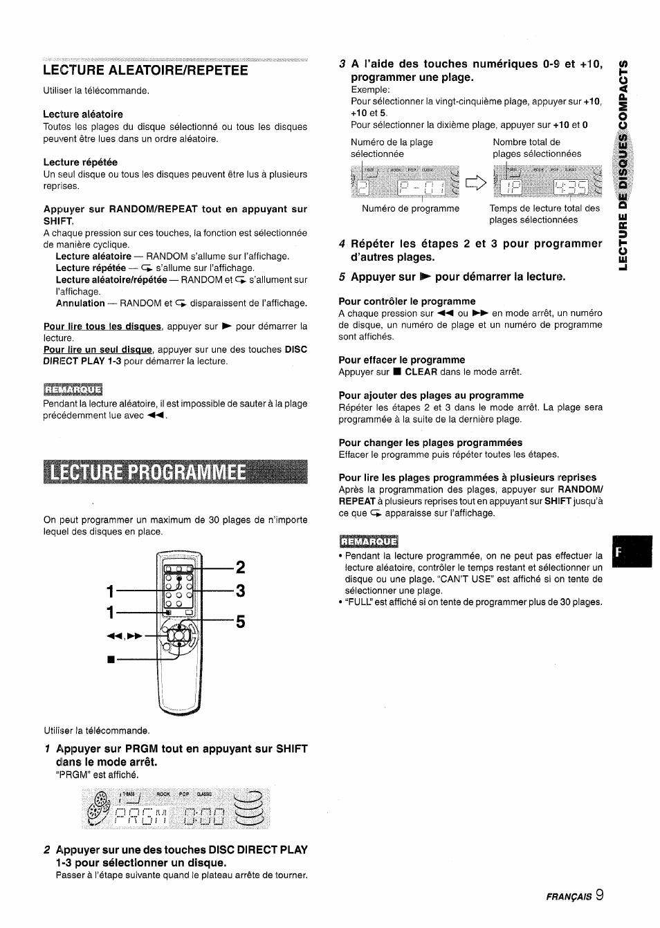 Lecture aleatoire/repetee, Lecture aléatoire, Lecture répétée | 5 appuyer sur !► pour démarrer la lecture, Pour contrôler le programme, Pour effacer le programme, Pour ajouter des plages au programme, Lecture program, Pour changer les plages programmées, Lecture programmee | Aiwa NSX-A115 User Manual | Page 45 / 56