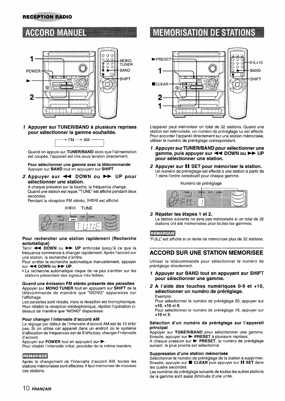 Reception radio, Memorisation de station, Pour sélectionner une gamme avec la télécommande | Pour changer l’intervalle d’accord am, Accord sur une station memorisee, Memorisation de stations | Aiwa NSX-A115 User Manual | Page 46 / 56