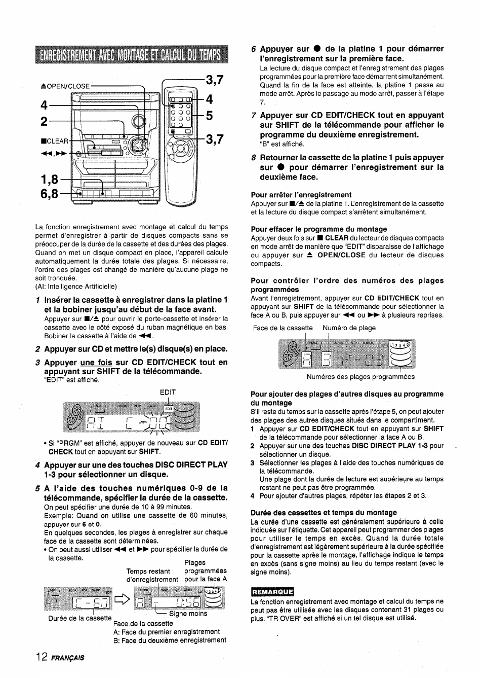 Pour arrêter l’enregistrement, Pour effacer le programme du montage, Durée des cassettes et temps du montage | Ehiiegistremenï avec wntage et calcul du temps | Aiwa NSX-A115 User Manual | Page 48 / 56