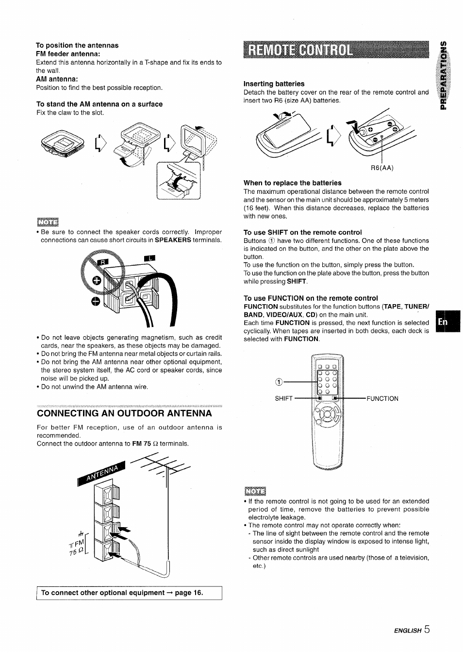To position the antennas fm feeder antenna, To stand the am antenna on a surface, Inserting batteries | Connecting an outdoor antenna, To use shift on the remote control, To use function on the remote control | Aiwa NSX-A115 User Manual | Page 5 / 56