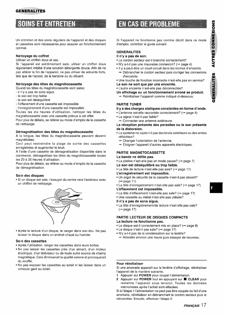 Generalites, Nettoyage du coffret, Nettoyage des têtes du magnétocassette | Démagnétisation des têtes du magnétocassette, Soin des disques, Soi n des cassettes, Generalites il n’y a pas de son, Partie tuner, Partie magnetocassette la bande ne défile pas, Pour réinitialiser | Aiwa NSX-A115 User Manual | Page 53 / 56