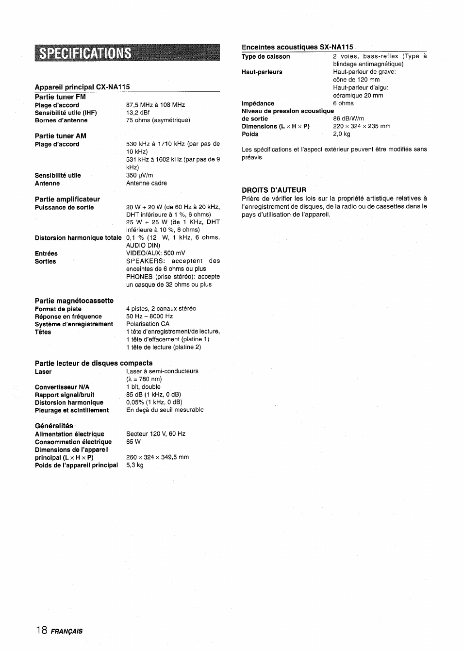 Specification, Enceintes acoustiques sx-na115, Appareii principal cx-na115 | Partie tuner am, Partie amplificateur, Droits d’auteur, Partie lecteur de disques compacts | Aiwa NSX-A115 User Manual | Page 54 / 56