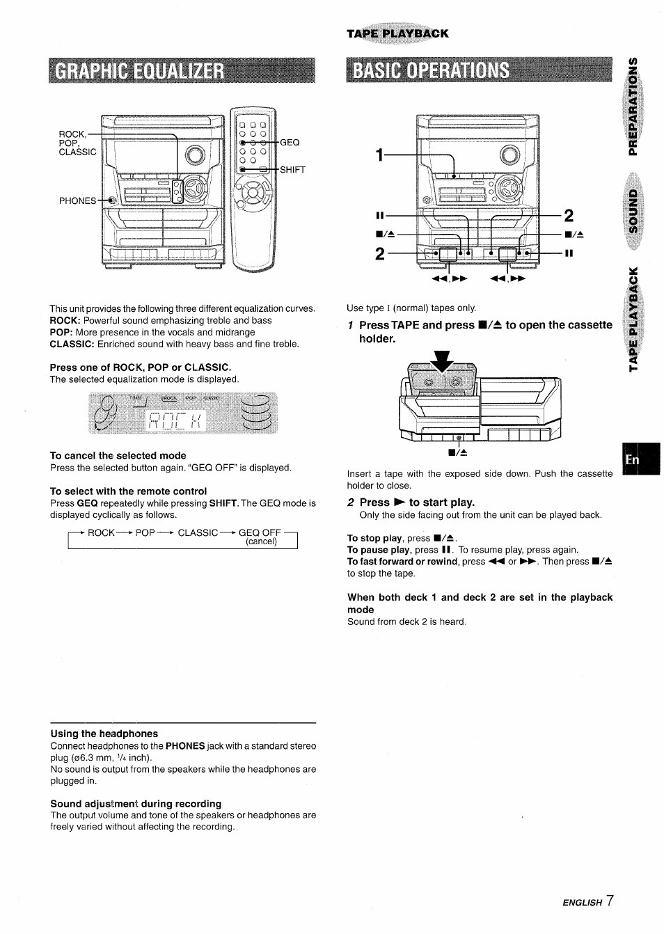 Press one of rock, pop or classic, To cancel the selected mode, To select with the remote control | 2 press ► to start play, To stop play, press, Using the headphones, Sound adjustment during recording | Aiwa NSX-A115 User Manual | Page 7 / 56