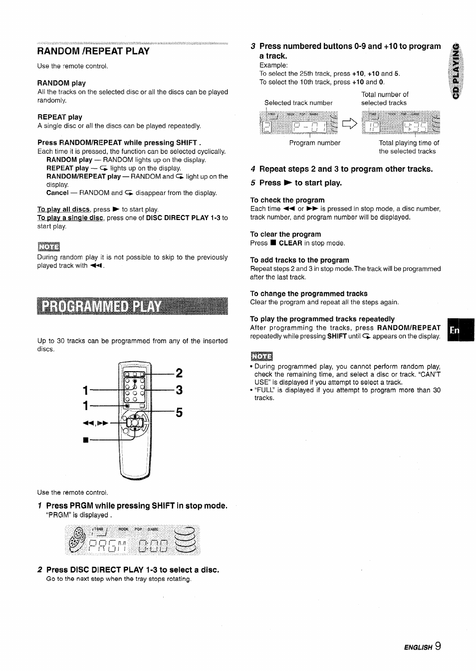 Random /repeat play, Random play, Repeat play | Press random/riepeat while pressing shift, 4 repeat steps 2 and 3 to program other tracks, 5 press ► to start play, To check the program, To add tracks to the program, To change the programmed tracks, To play the programmed tracks repeatedly | Aiwa NSX-A115 User Manual | Page 9 / 56