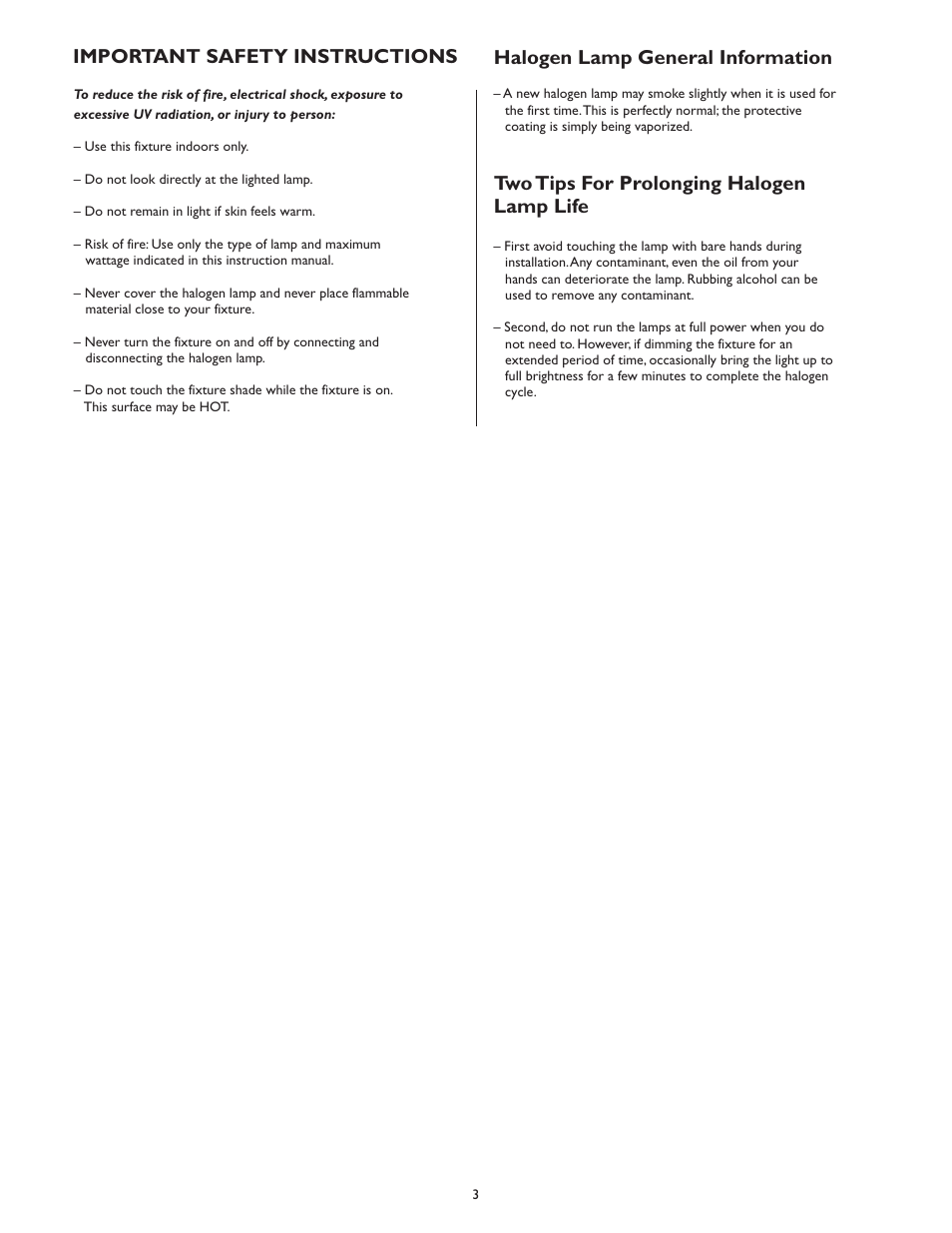 Important safety instructions, Halogen lamp general information, Two tips for prolonging halogen lamp life | LBL Lighting Dome-S-I Grande SF User Manual | Page 3 / 4