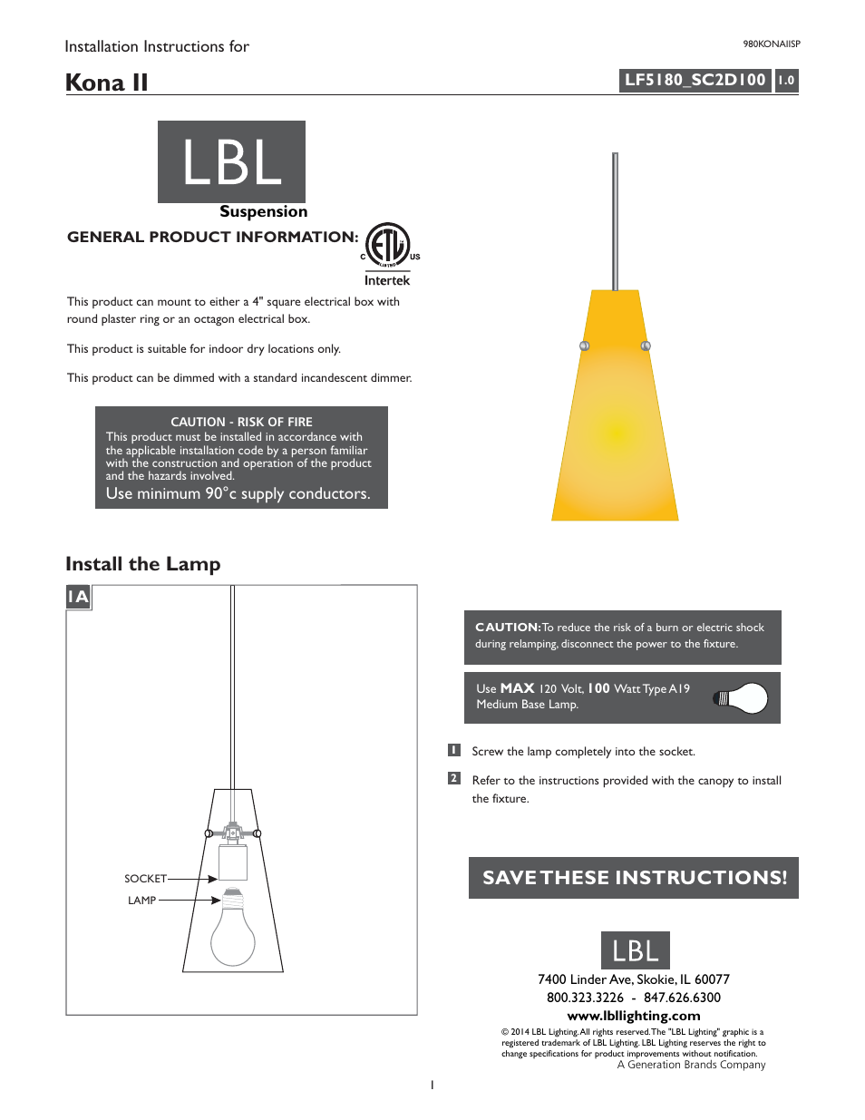 LBL Lighting Kona II SP User Manual | 1 page