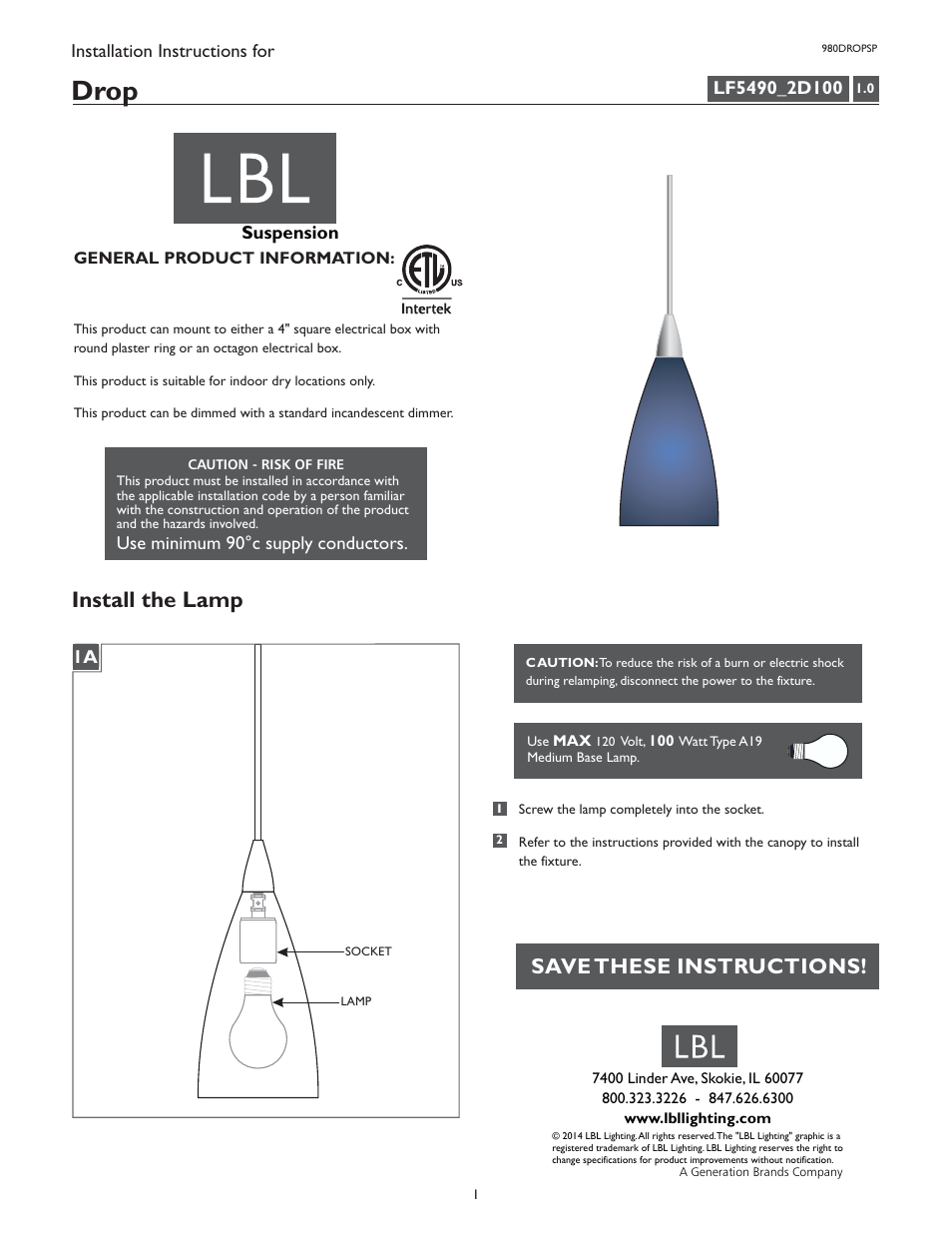 LBL Lighting Drop SP User Manual | 1 page