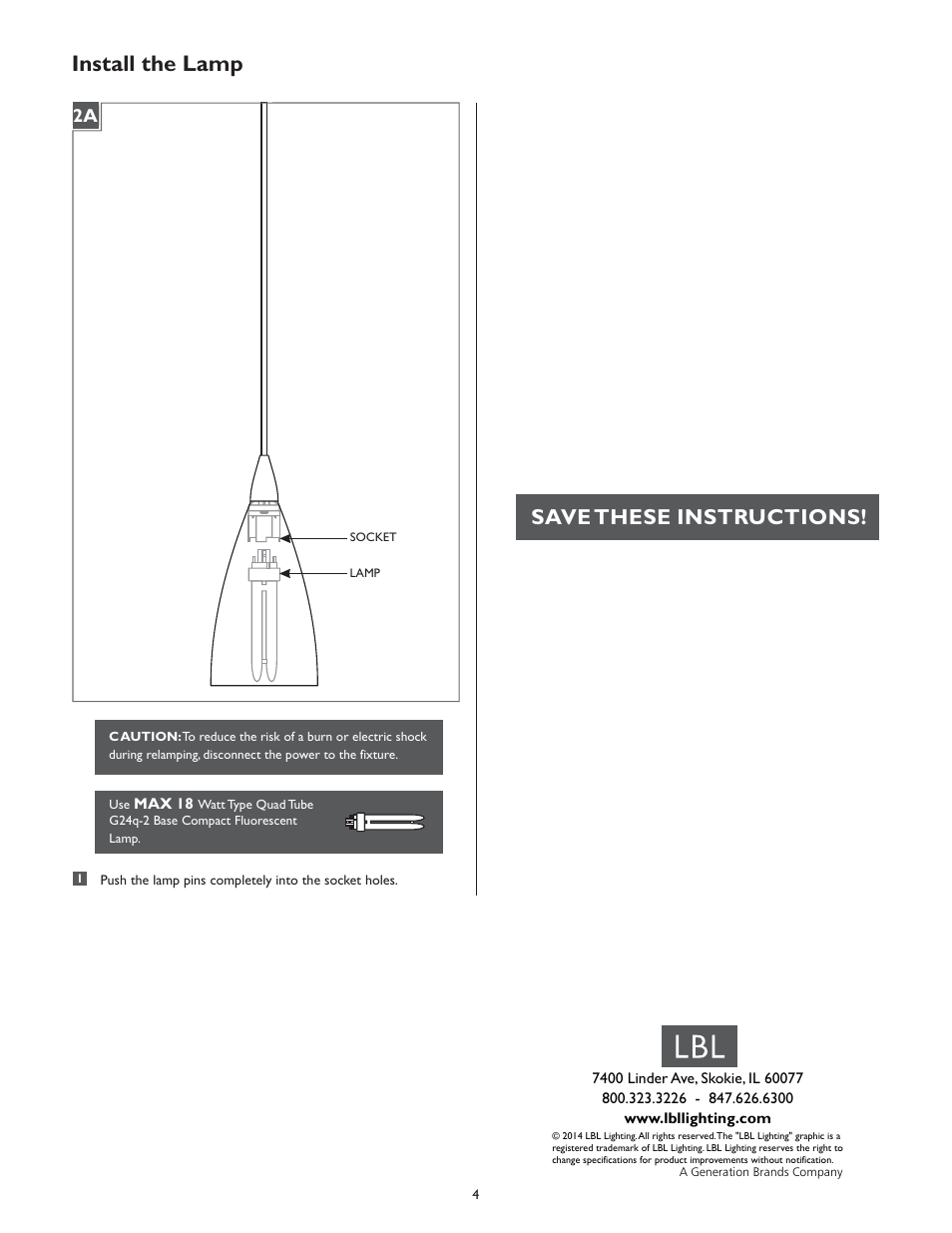 Install the lamp, Save these instructions | LBL Lighting Drop SPCF User Manual | Page 4 / 4