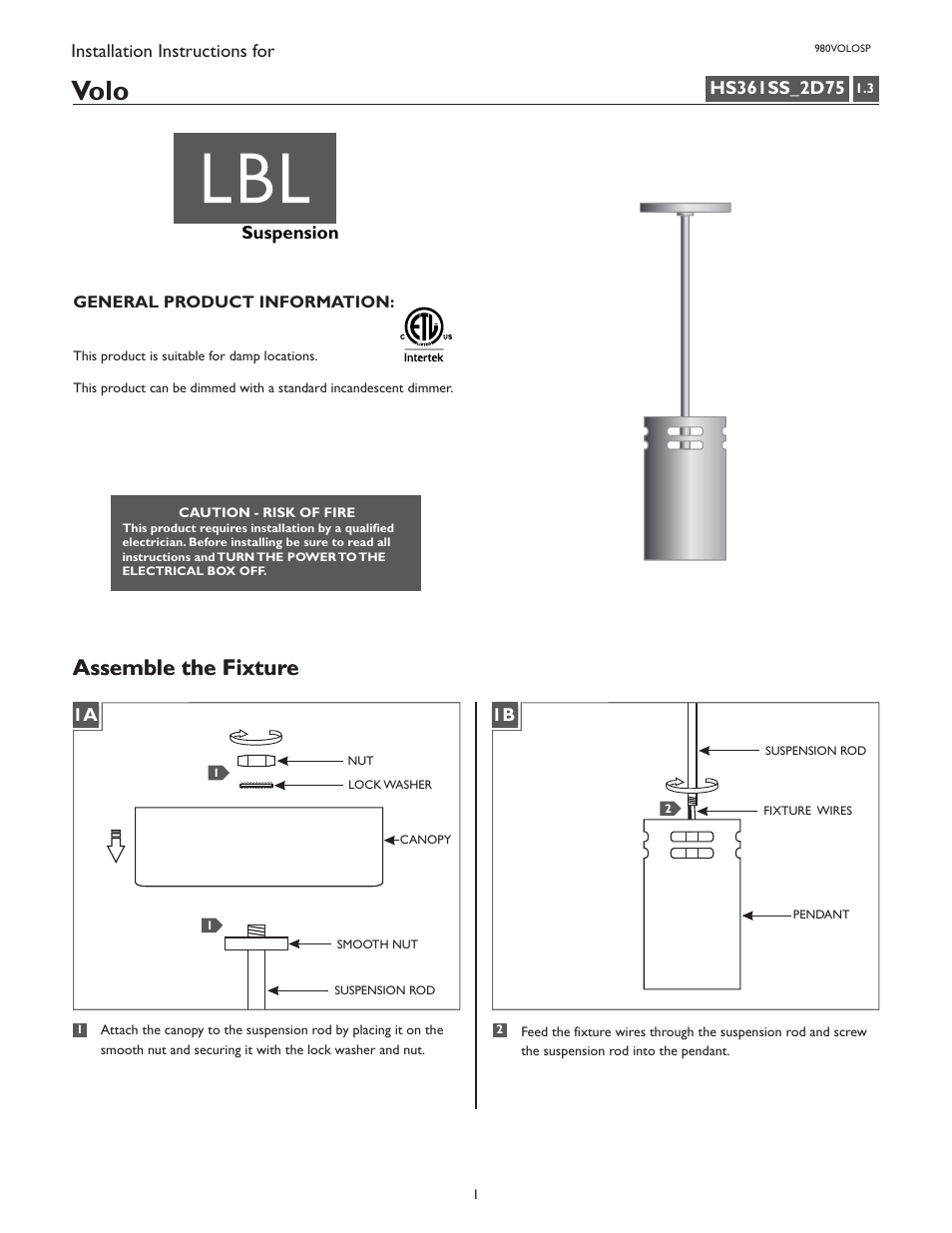 LBL Lighting Volo SP User Manual | 2 pages