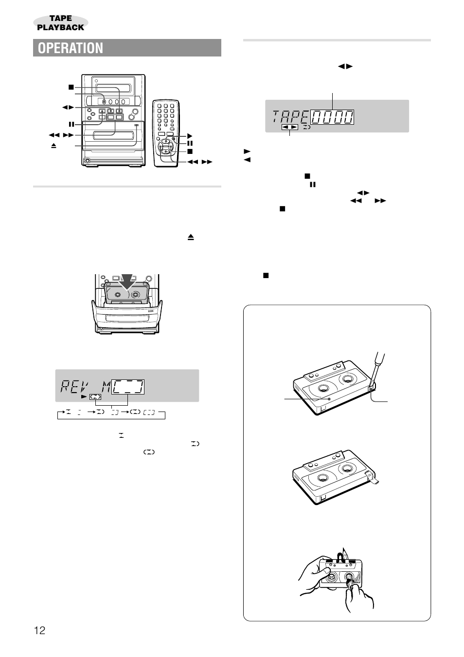 Operation, Inserting tape, Playing back a tape | Aiwa LCX-357 User Manual | Page 12 / 62