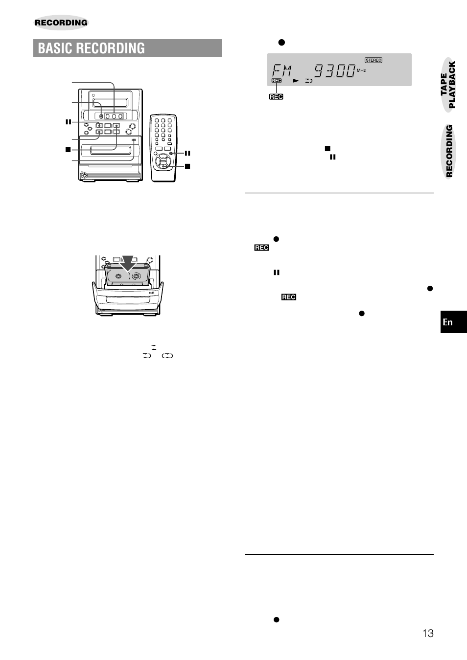 Basic recording, Inserting blank spaces | Aiwa LCX-357 User Manual | Page 13 / 62