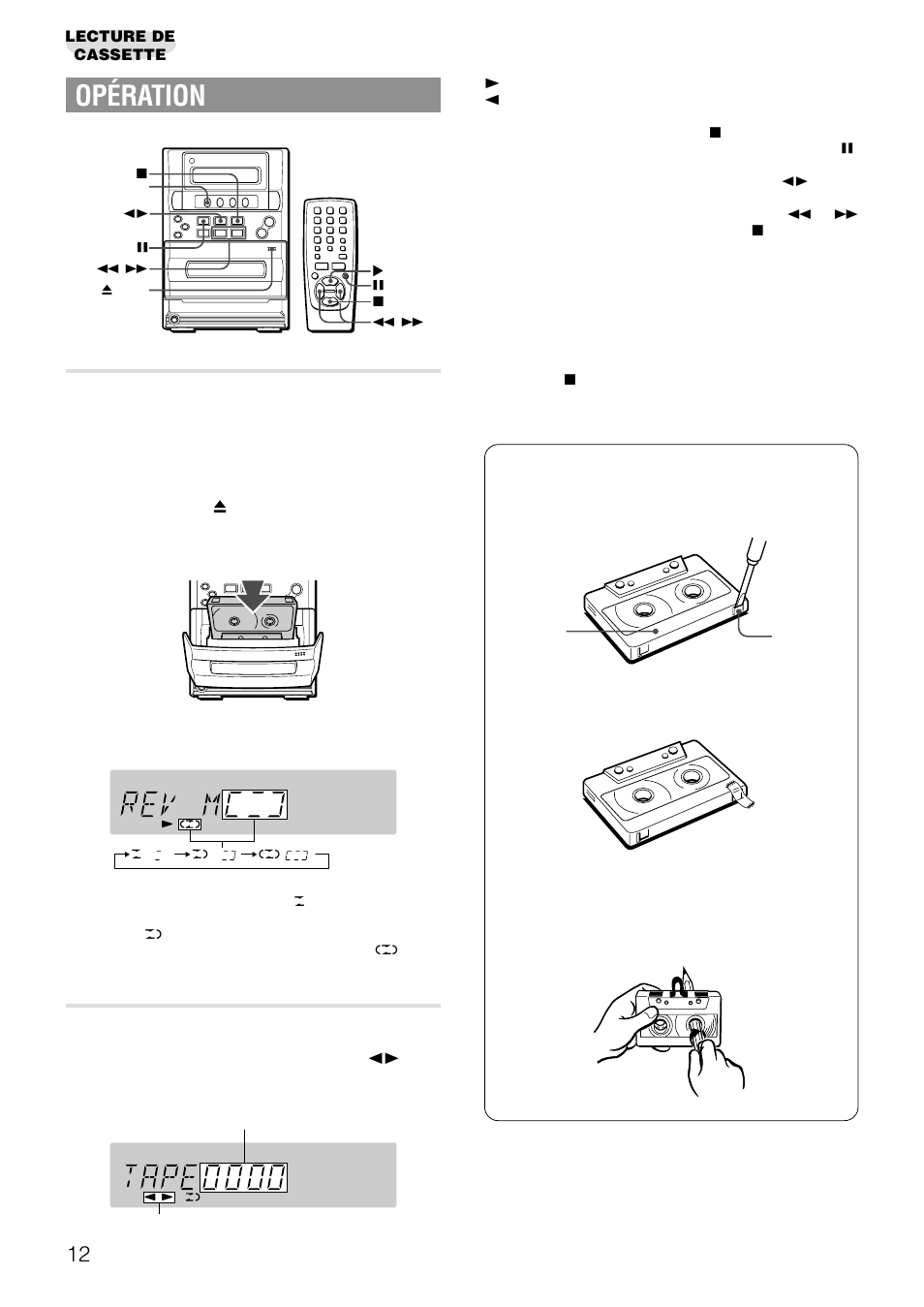 Opération, Insertion d'une cassette, Lecture d'une cassette | Aiwa LCX-357 User Manual | Page 52 / 62