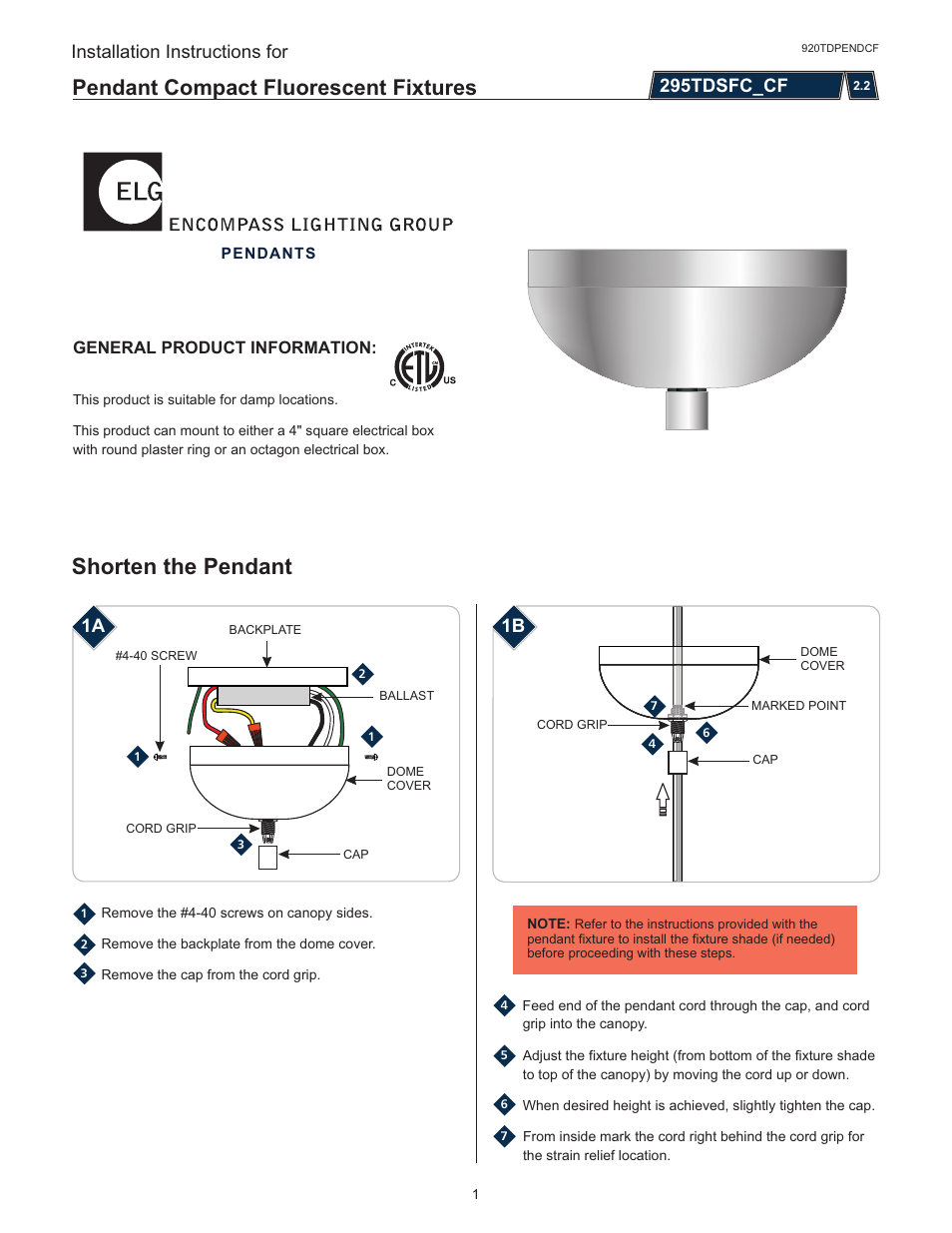 LBL Lighting Pendant compact fluorescent fixtures User Manual | 2 pages