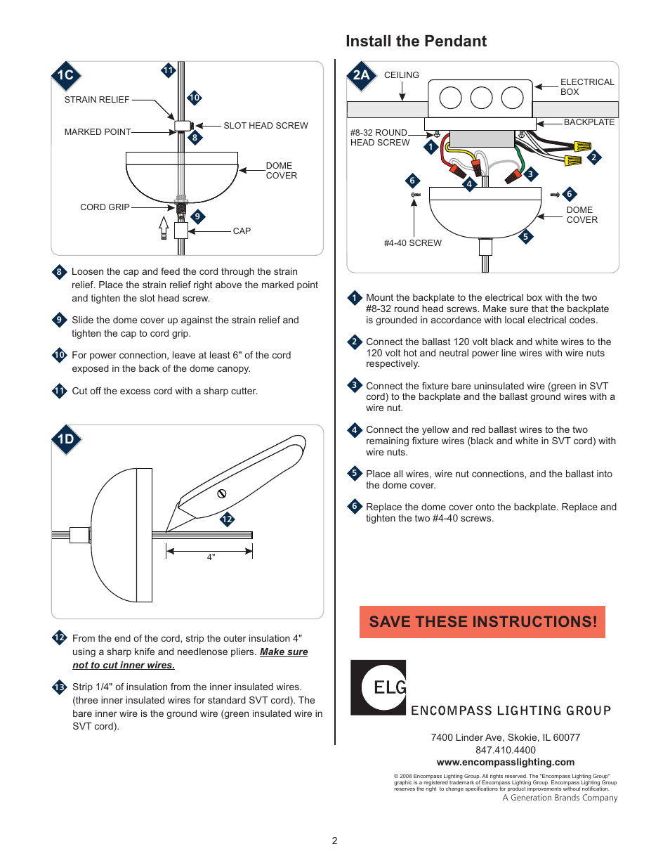 Install the pendant, Save these instructions | LBL Lighting Pendant compact fluorescent fixtures User Manual | Page 2 / 2