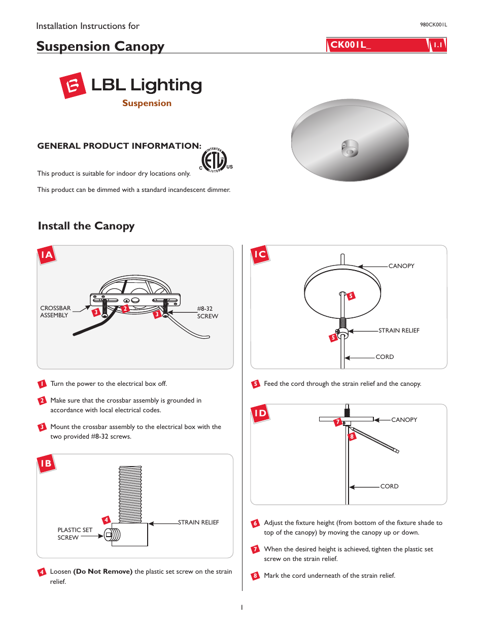 LBL Lighting Suspension canopy User Manual | 2 pages