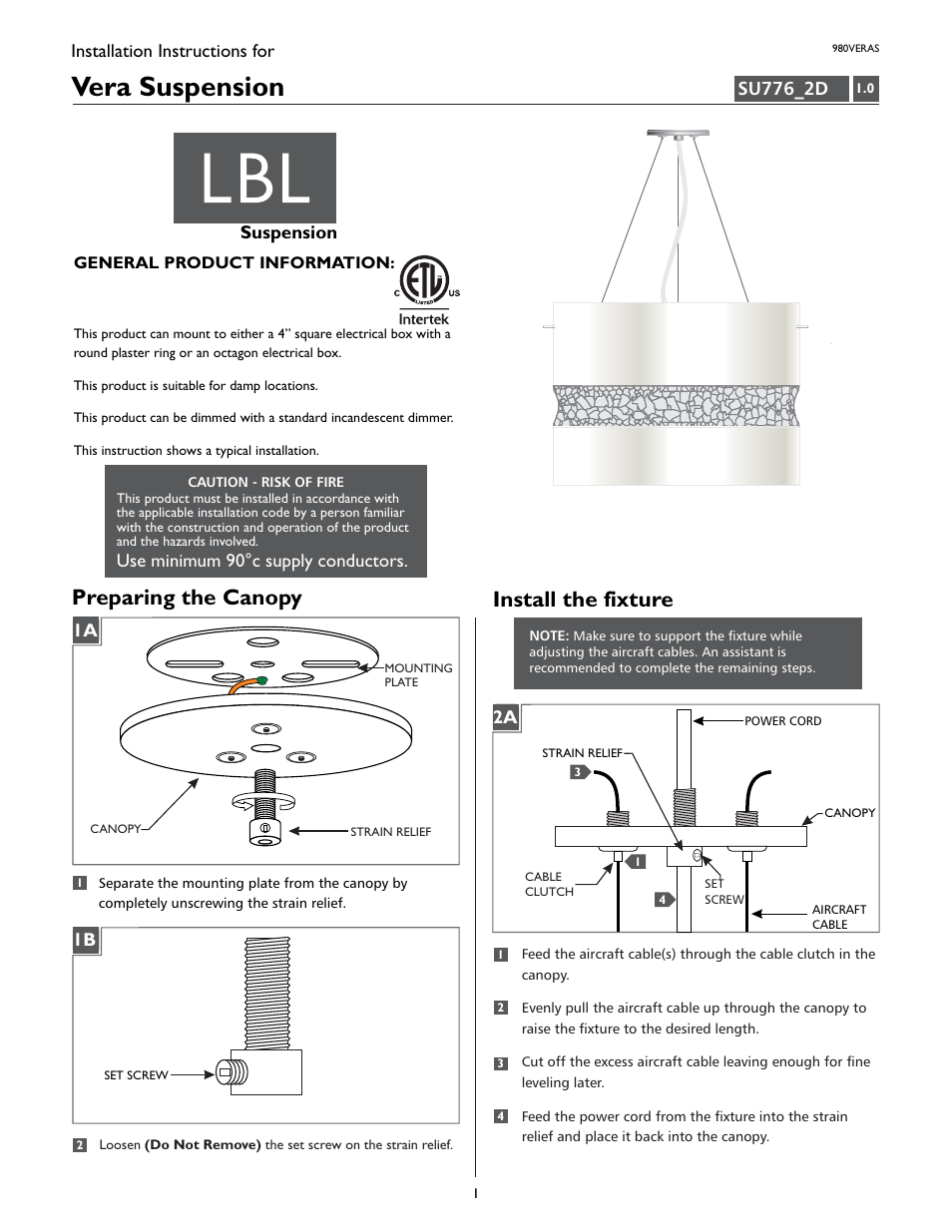 LBL Lighting Vera S User Manual | 4 pages