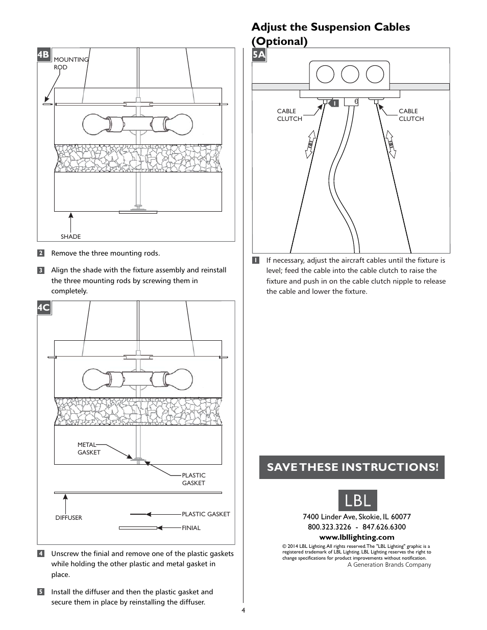 Adjust the suspension cables (optional), Save these instructions | LBL Lighting Vera S User Manual | Page 4 / 4