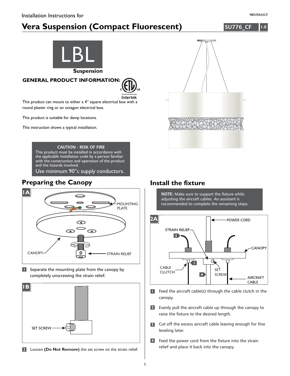 LBL Lighting Vera SCF User Manual | 4 pages