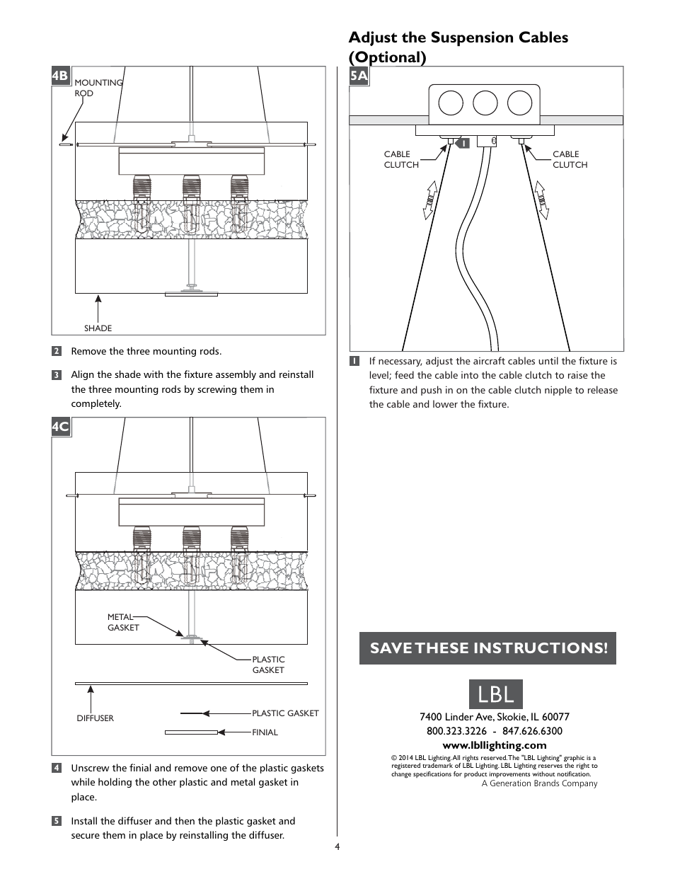 Adjust the suspension cables (optional), Save these instructions | LBL Lighting Vera SCF User Manual | Page 4 / 4