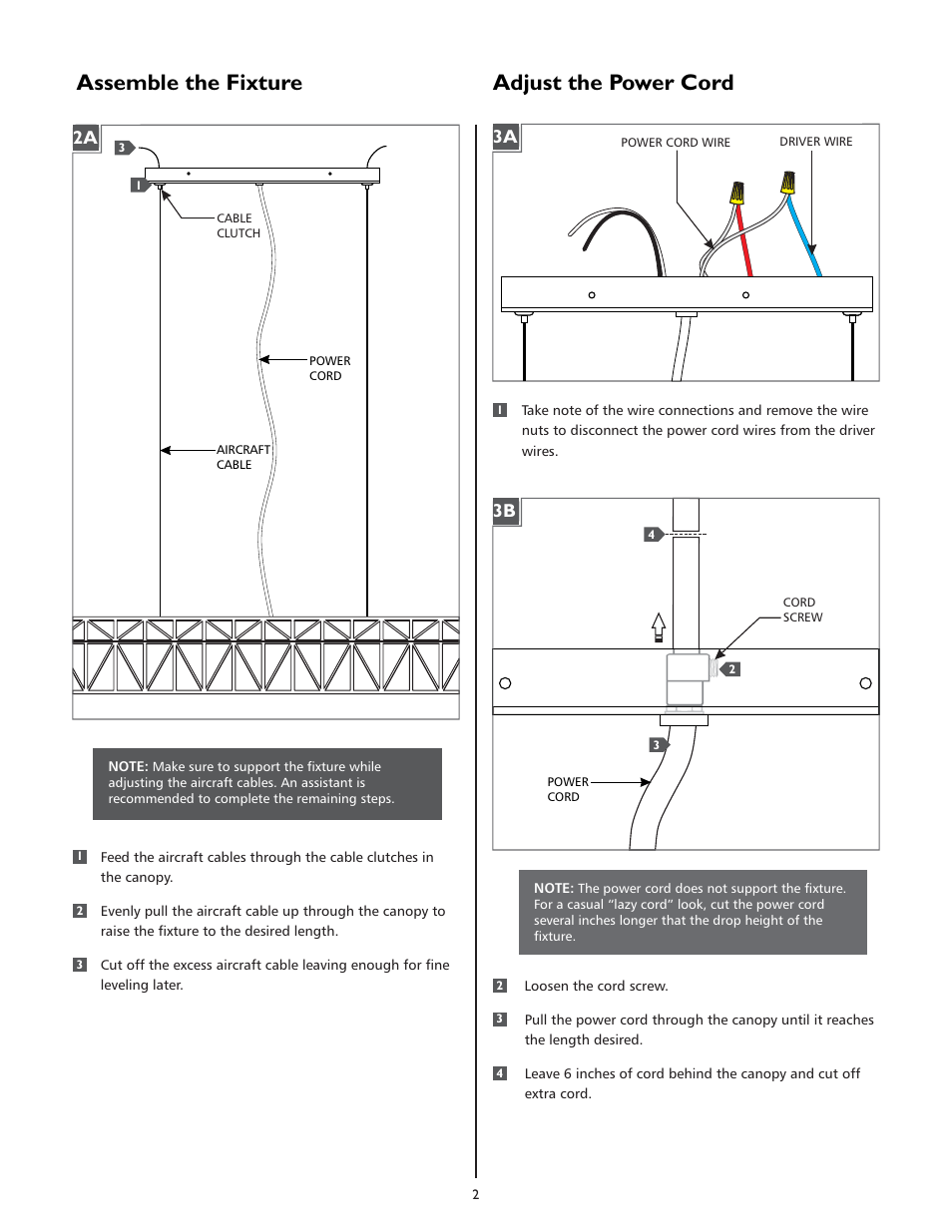Assemble the fixture, Adjust the power cord | LBL Lighting East River S User Manual | Page 2 / 4