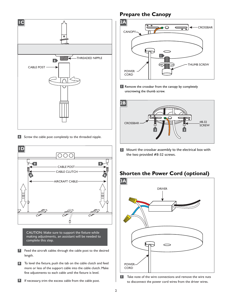 Prepare the canopy, Shorten the power cord (optional) | LBL Lighting Calix 7-Light User Manual | Page 2 / 4