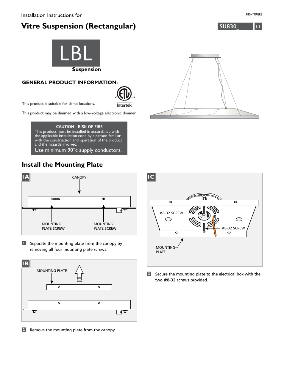 LBL Lighting Vitre Rectangle S User Manual | 4 pages