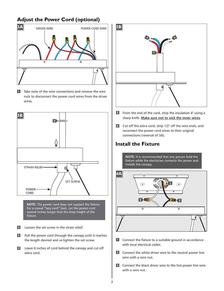 Adjust the power cord (optional), Install the fixture | LBL Lighting Vitre Rectangle S User Manual | Page 3 / 4