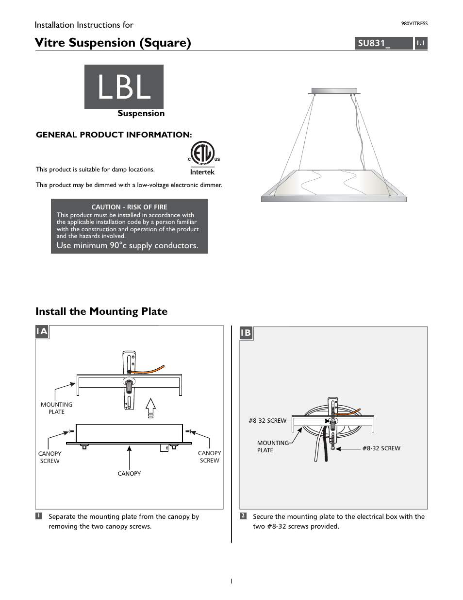 LBL Lighting Vitre Square S User Manual | 4 pages