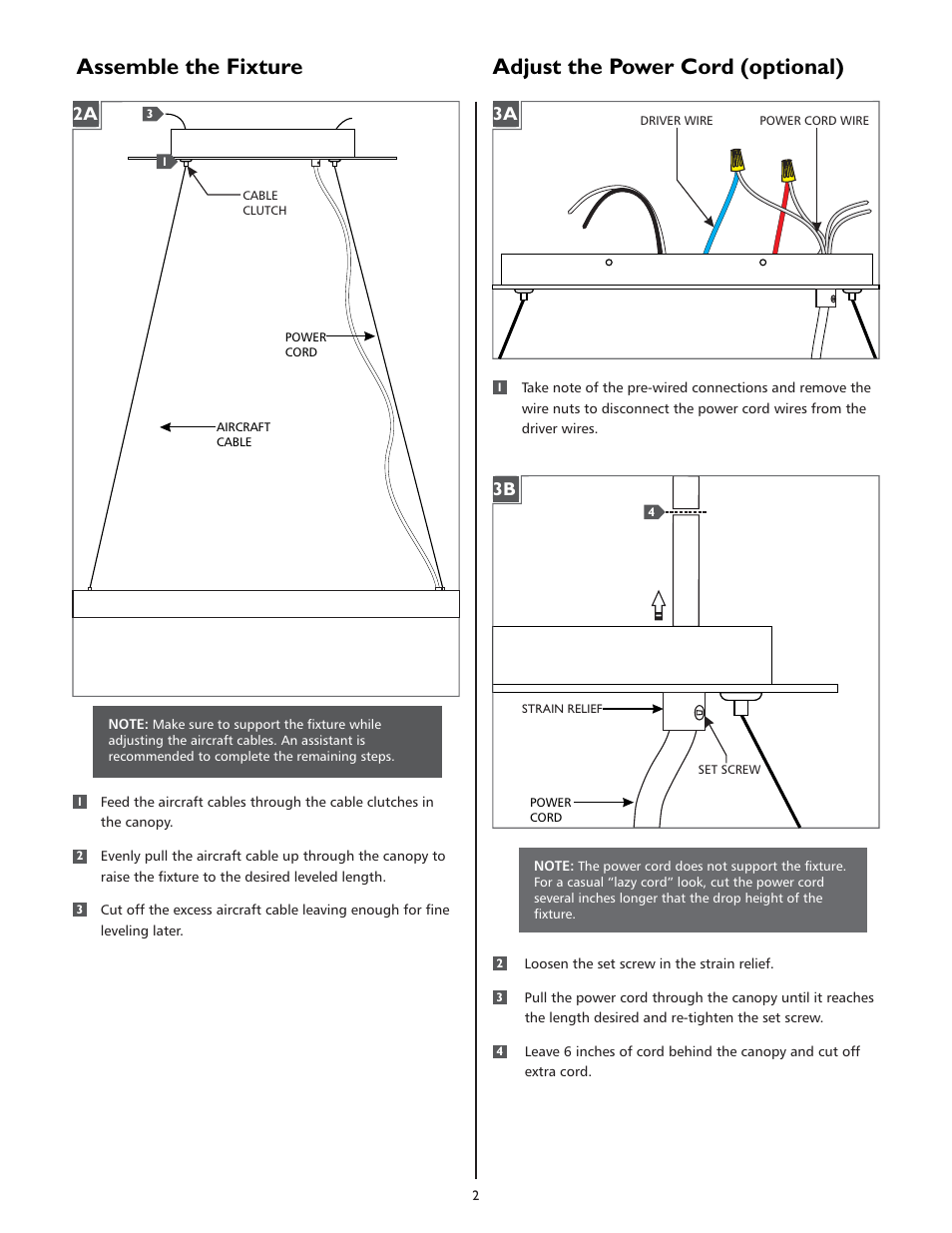 Assemble the fixture, Adjust the power cord (optional) | LBL Lighting Vitre Square S User Manual | Page 2 / 4