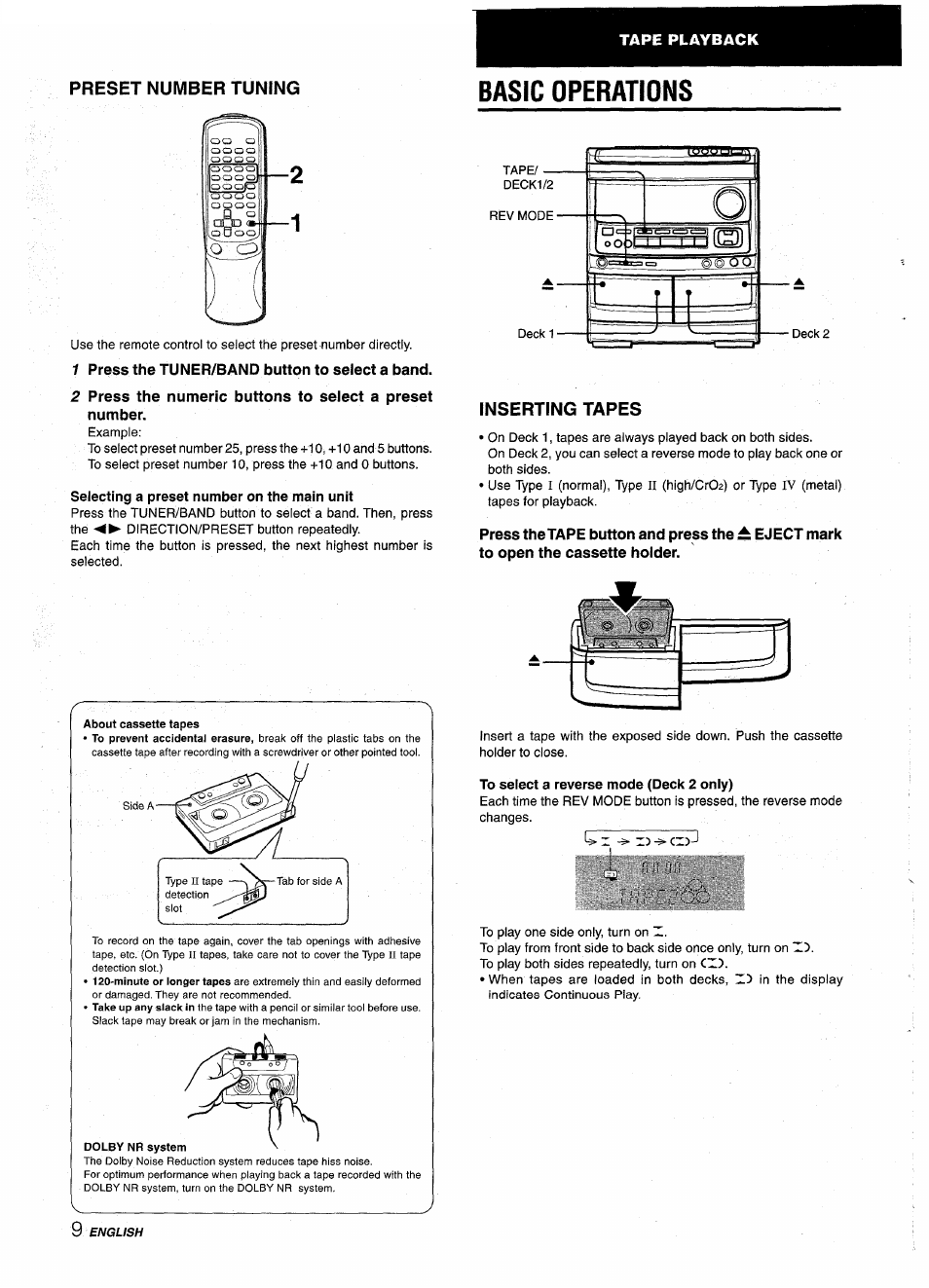 Preset number tuning, Basic operations, 1 press the tuner/bano button to select a band | Selecting a preset number on the main unit, Inserting tapes, To select a reverse mode (deck 2 only) | Aiwa NSX-AV900 User Manual | Page 10 / 80