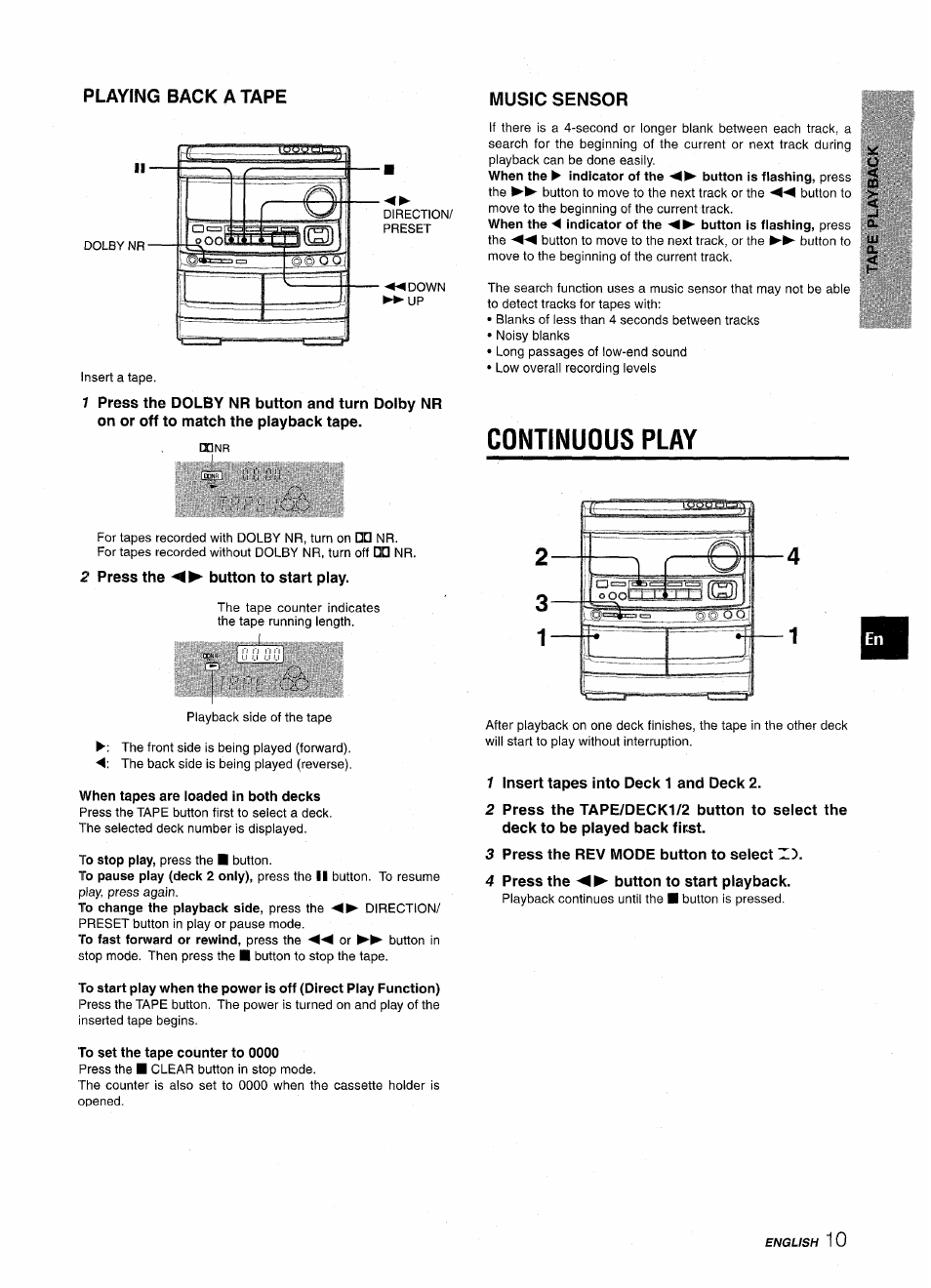 2 press the button to start play, When tapes are loaded in both decks, Continuous play | 1 insert tapes into deck 1 and deck 2, 3 press the rev mode button to select !i5, 4 press the button to start playback, To set the tape counter to 0000 | Aiwa NSX-AV900 User Manual | Page 11 / 80