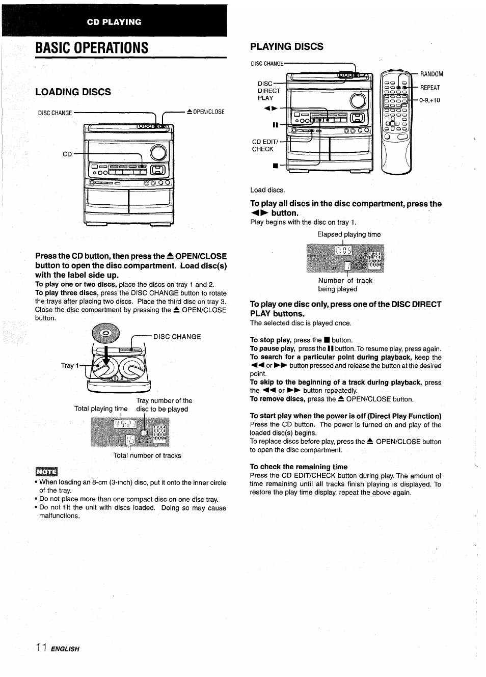 Loading discs, To check the remaining time, Basic operations | Aiwa NSX-AV900 User Manual | Page 12 / 80