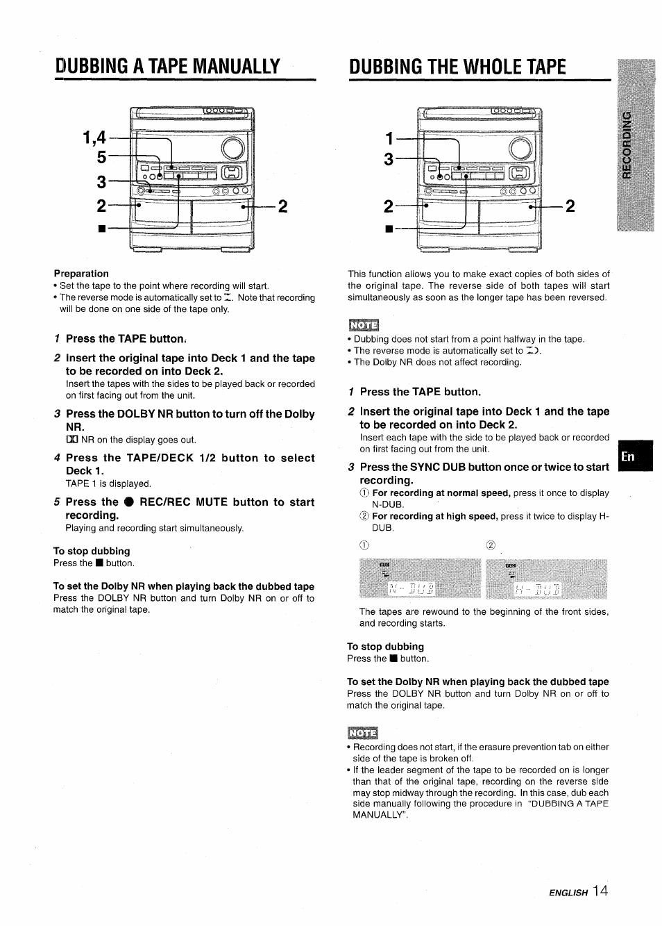 Dubbing a tape manually, Dubbing the whole tape, Preparation | To stop dubbing, Dubbing a tape manually dubbing the whole tape | Aiwa NSX-AV900 User Manual | Page 15 / 80