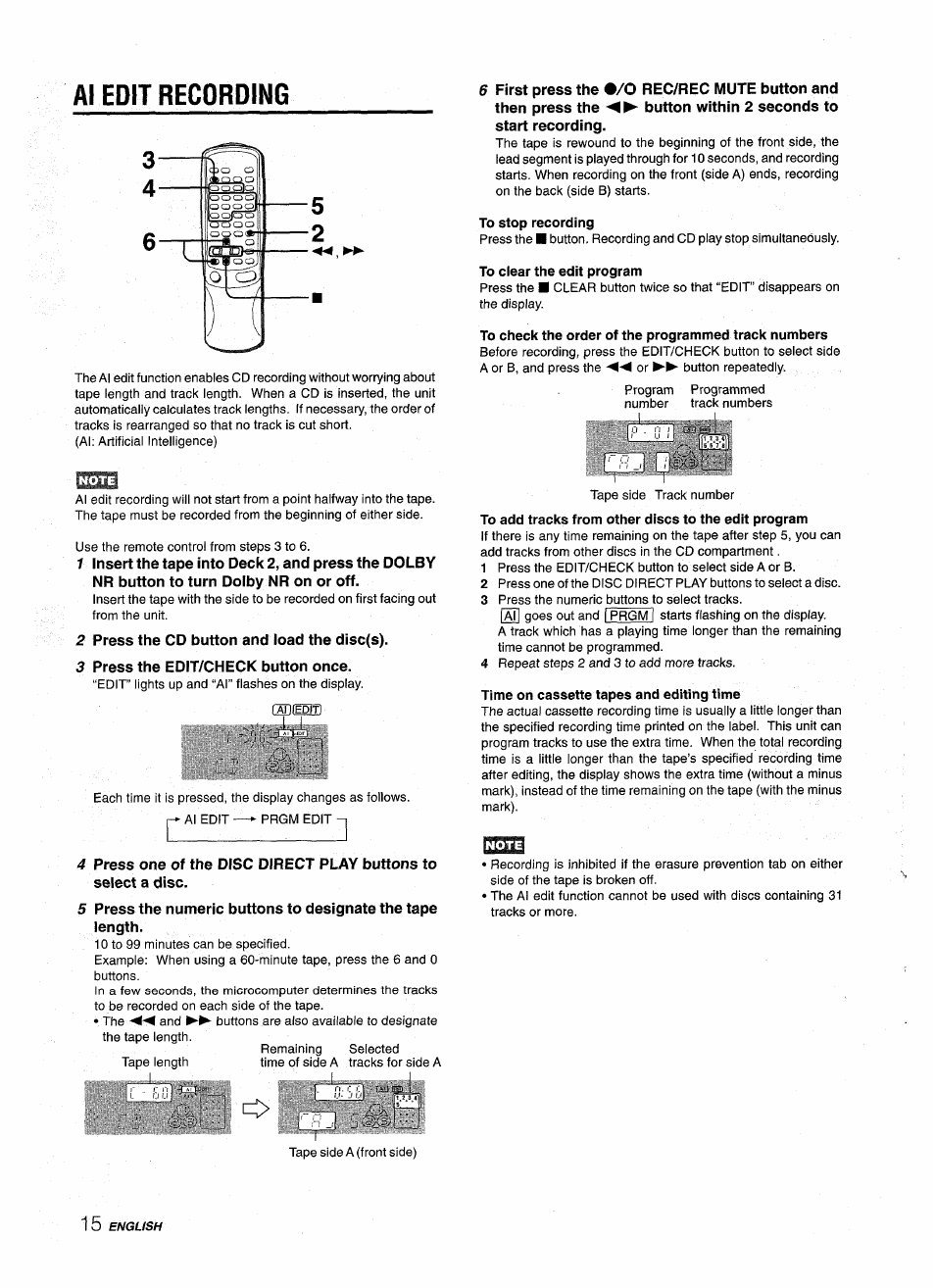 Aiedit recording, To stop recording, To check the order of the programmed track numbers | Time on cassette tapes and editing time, Al edit recording | Aiwa NSX-AV900 User Manual | Page 16 / 80