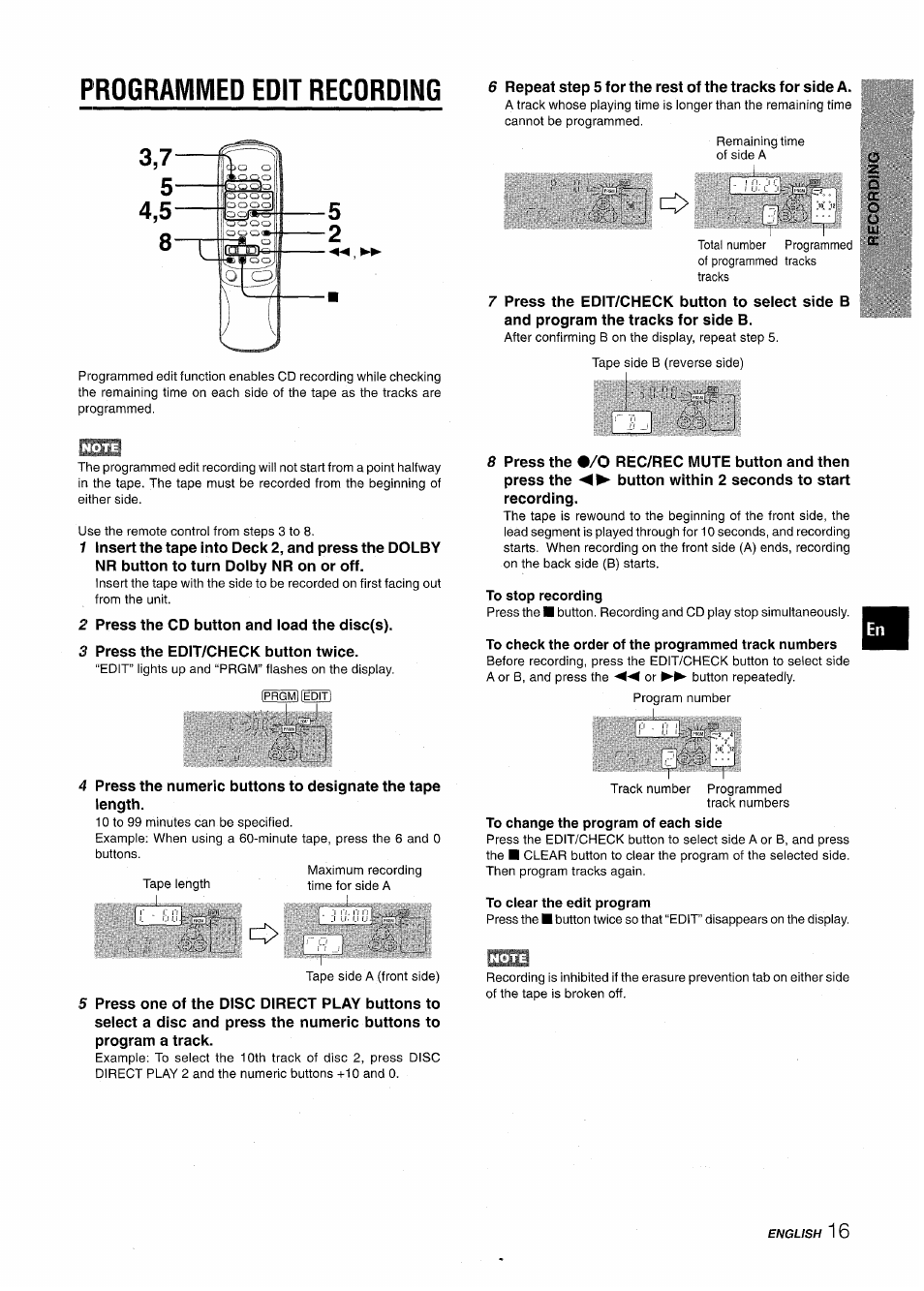 Programmed edit recording, To stop recording, To check the order of the programmed track numbers | To change the program of each side, To clear the edit program | Aiwa NSX-AV900 User Manual | Page 17 / 80