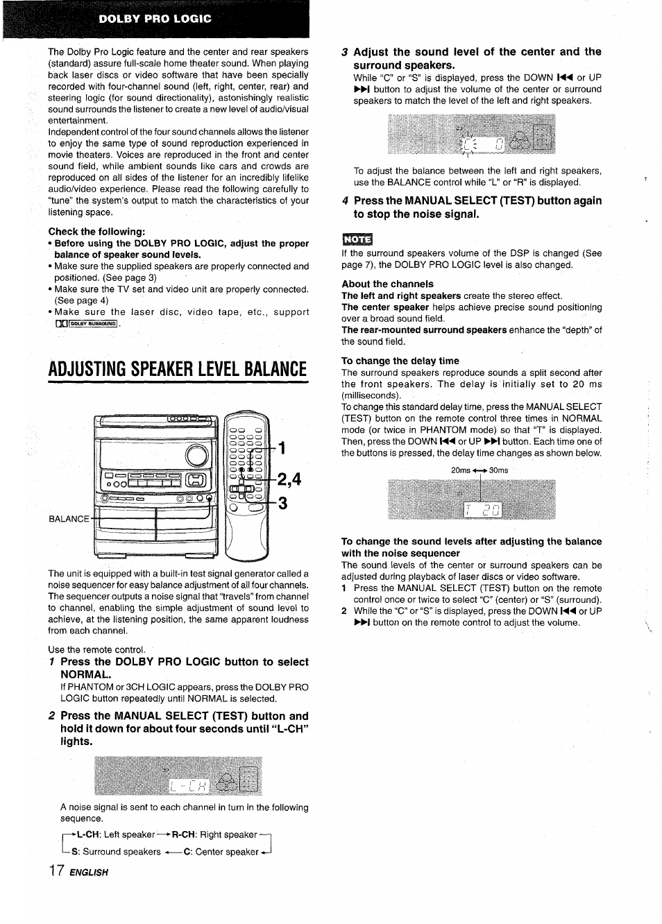 Check the following, Adjusting speaker level balance, About the channels | To change the delay time, Adjusting speaker level balance 1 2,4 | Aiwa NSX-AV900 User Manual | Page 18 / 80