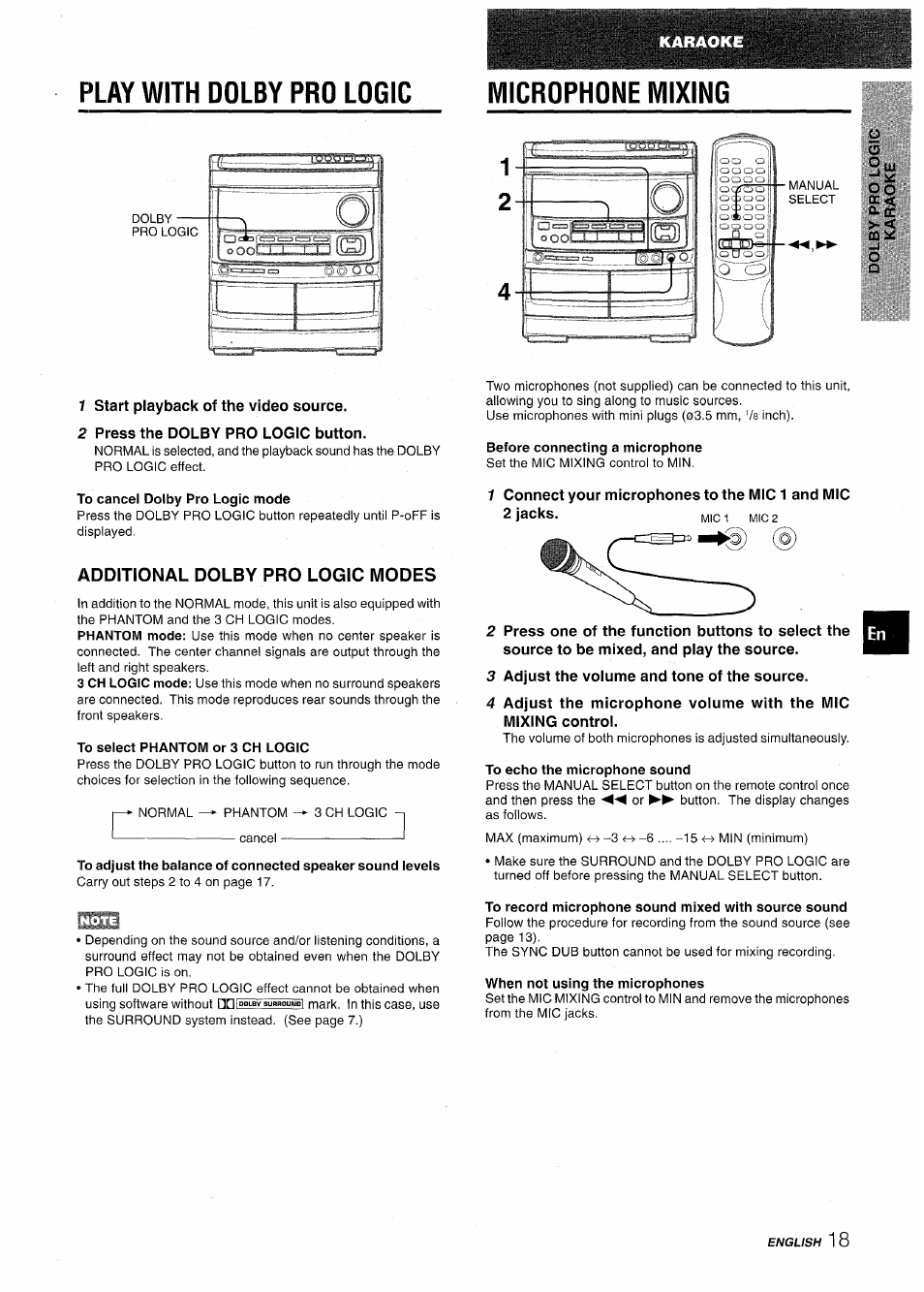 Play with dolby pro logic, 1 start playback of the video source, 2 press the dolby pro logic button | To cancel dolby pro logic mode, Additional dolby pro logic modes, To select phantom or 3 ch logic, Before connecting a microphone, 3 adjust the volume and tone of the source, To record microphone sound mixed with source sound, When not using the microphones | Aiwa NSX-AV900 User Manual | Page 19 / 80