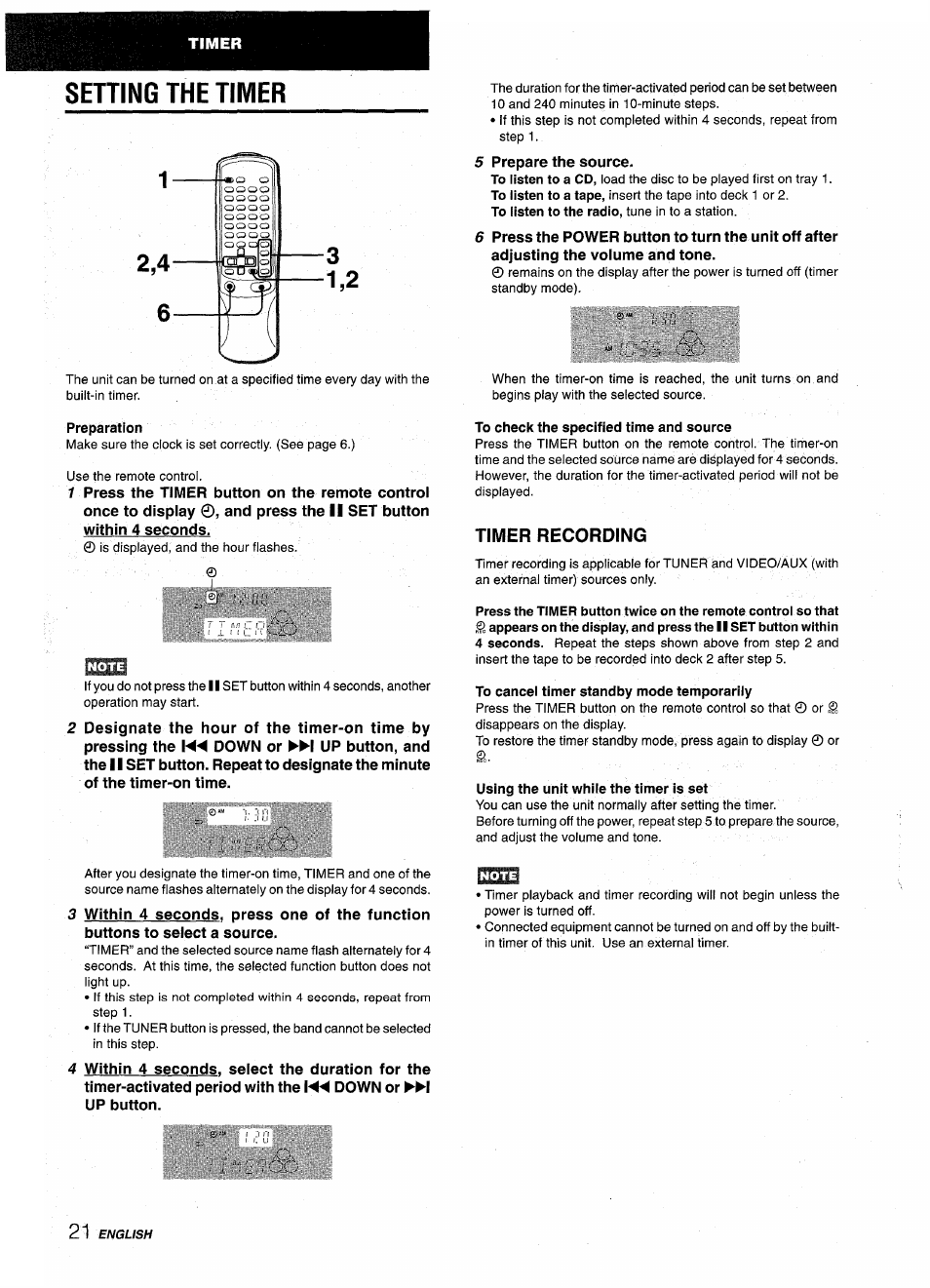 Setting the timer, Preparation, To check the specified time and source | Timer recording, To cancel timer standby mode temporarily, Using the unit while the timer is set | Aiwa NSX-AV900 User Manual | Page 22 / 80