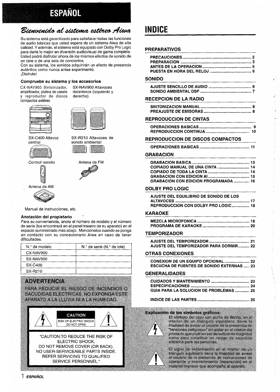 Español, Advertencia, Explicación de los símbolos gráficos | Indice, 4iatem(z eáténec^/4¿ùц^г | Aiwa NSX-AV900 User Manual | Page 28 / 80