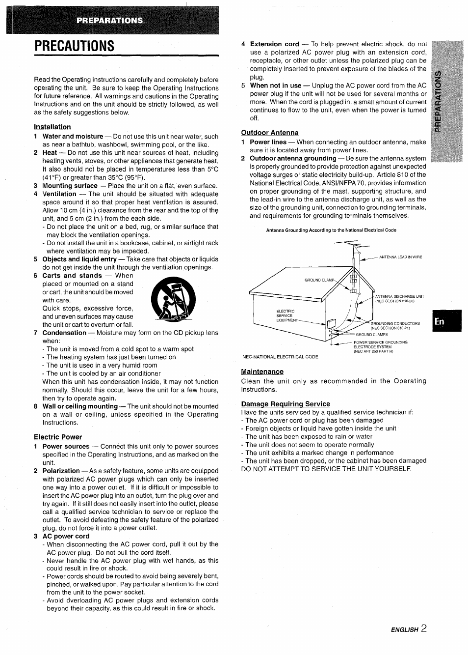 Precautions, Installation, Electric power | 3 ac power cord, Outdoor antenna, Maintenance, Damage requiring service, Preparations | Aiwa NSX-AV900 User Manual | Page 3 / 80