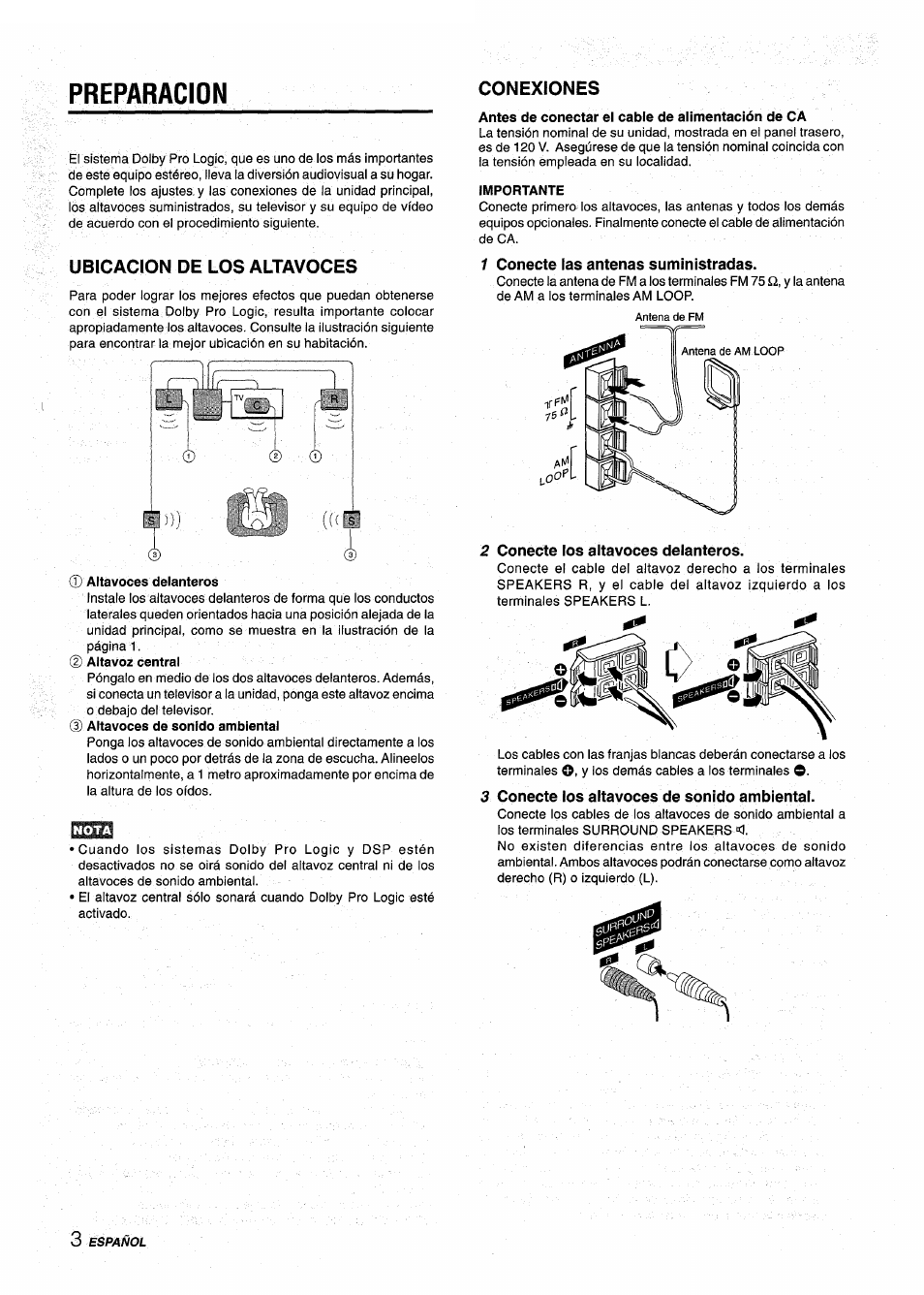 Ubicacion de los altavoces, 0 altavoces delanteros, 0 altavoces de sonido ambiental | Antes de conectar el cable de alimentación de ca, Importante, 1 conecte las antenas suministradas, Conecte los altavoces delanteros, Conecte los altavoces de sonido ambiental, Preparacion | Aiwa NSX-AV900 User Manual | Page 30 / 80