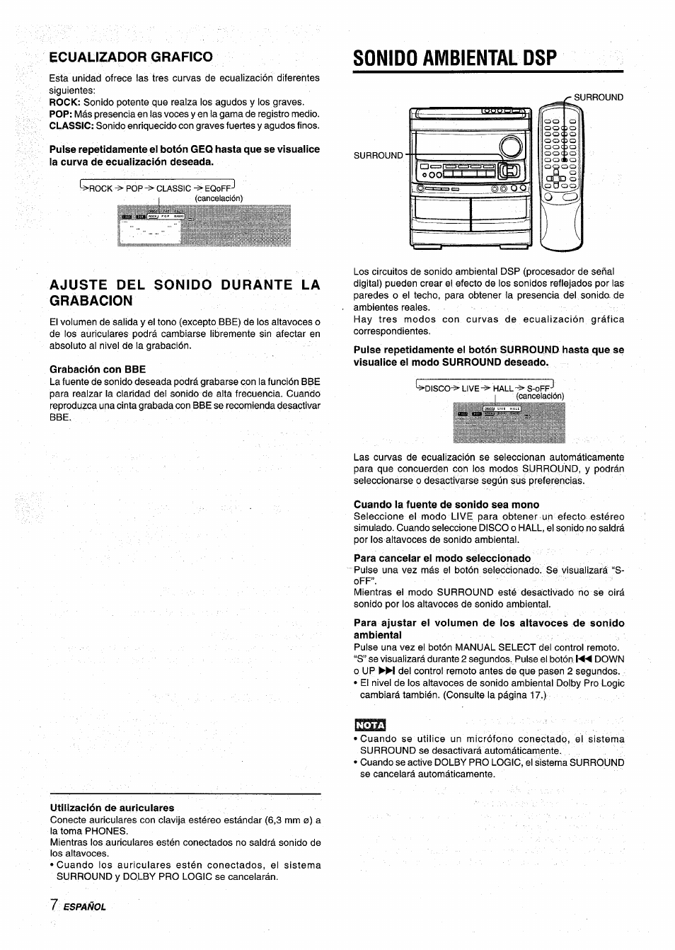 Ecualizador grafico, Sonido ambiental dsp, Ajuste del sonido durante la grabacion | Grabación con bbe, Cuando la fuente de sonido sea mono, Para canceiar el modo seleccionado | Aiwa NSX-AV900 User Manual | Page 34 / 80