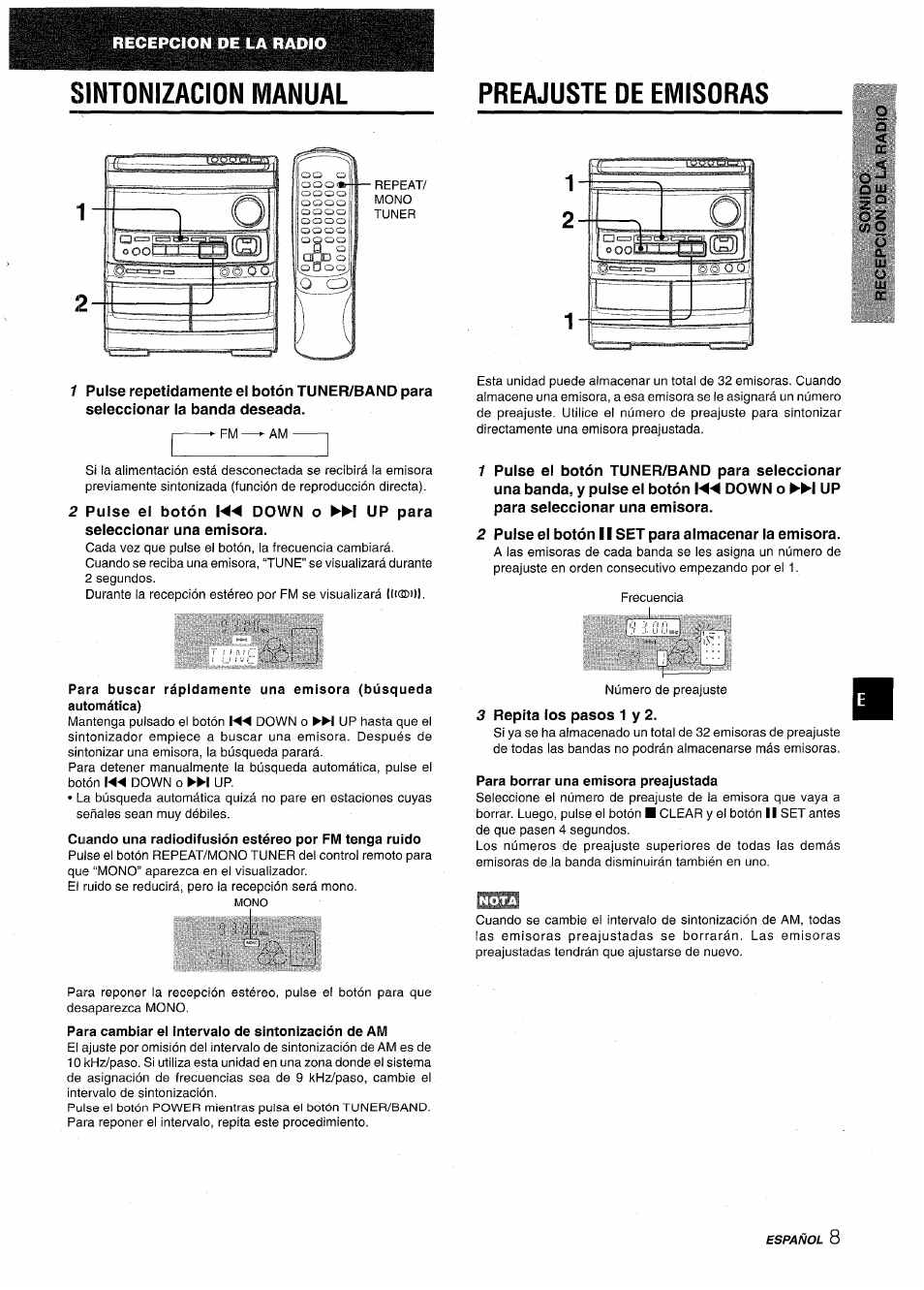 Sintonizacion manual, Para cambiar ei intervaio de sintonización de am, Preajuste de emisoras | 2 pulse el botón ii set para almacenar la emisora, 3 repita los pasos 1 y 2, Para borrar una emisora preajustada, Sintonizacion manual preajuste de emisoras | Aiwa NSX-AV900 User Manual | Page 35 / 80