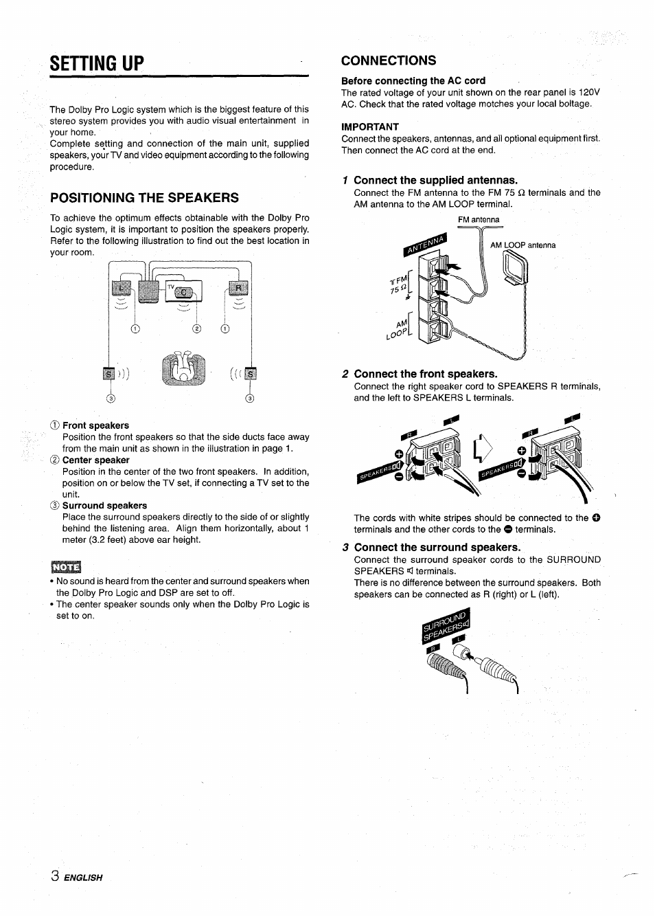 Positioning the speakers, Before connecting the ac cord, Important | 1 connect the supplied antennas, 2 connect the front speakers, Front speakers, 3 connect the surround speakers, Setting up | Aiwa NSX-AV900 User Manual | Page 4 / 80