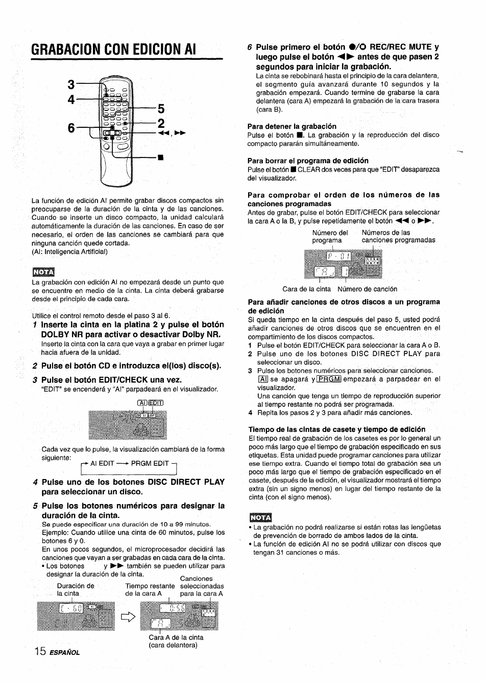 Grabacion con edicion al, Para detener la grabación, Para borrar el programa de edición | Tiempo de las cintas de casete y tiempo de edición | Aiwa NSX-AV900 User Manual | Page 42 / 80